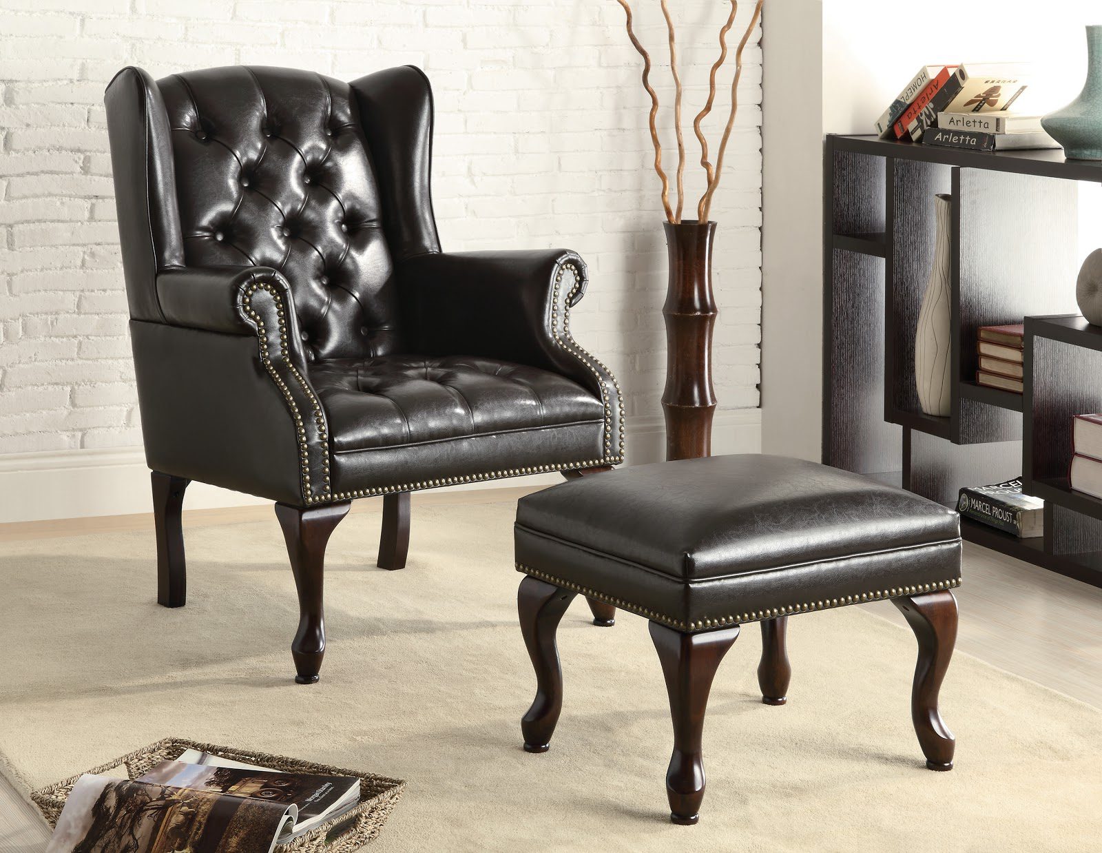 arm chairs and accent chairs: Button Tufted Back Accent Chair with Ottoman Black and Espresso