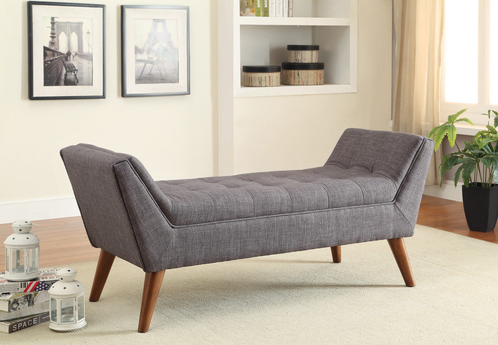 grey Flared Arm Bench as an entryway furniture