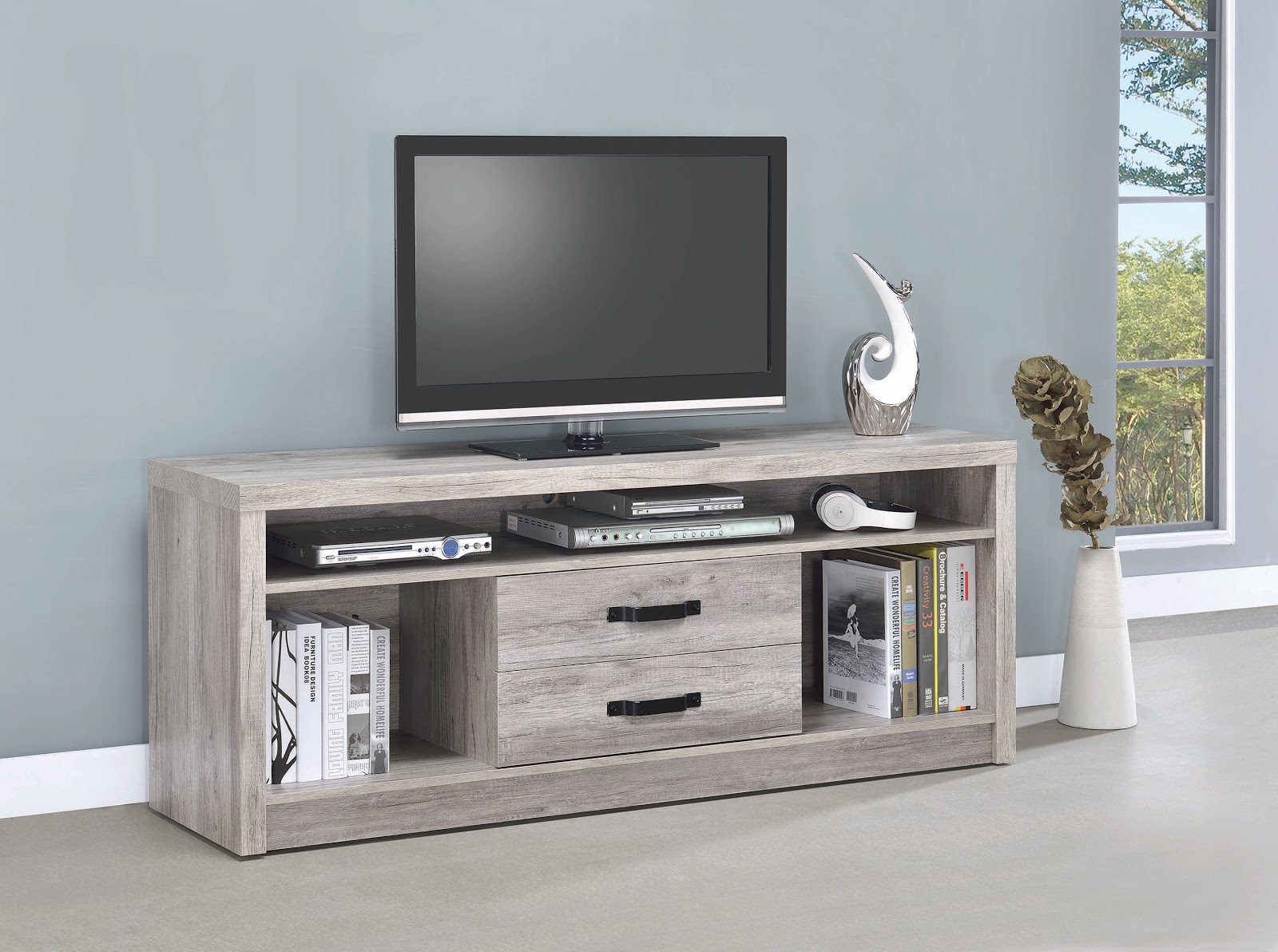 farmhouse furniture: 2-Drawer TV Console Grey Driftwood