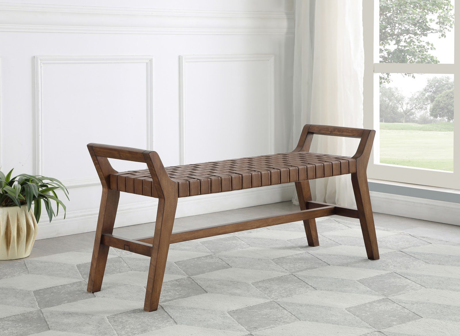 A leatherette bench makes a great entryway piece of furniture for small spaces