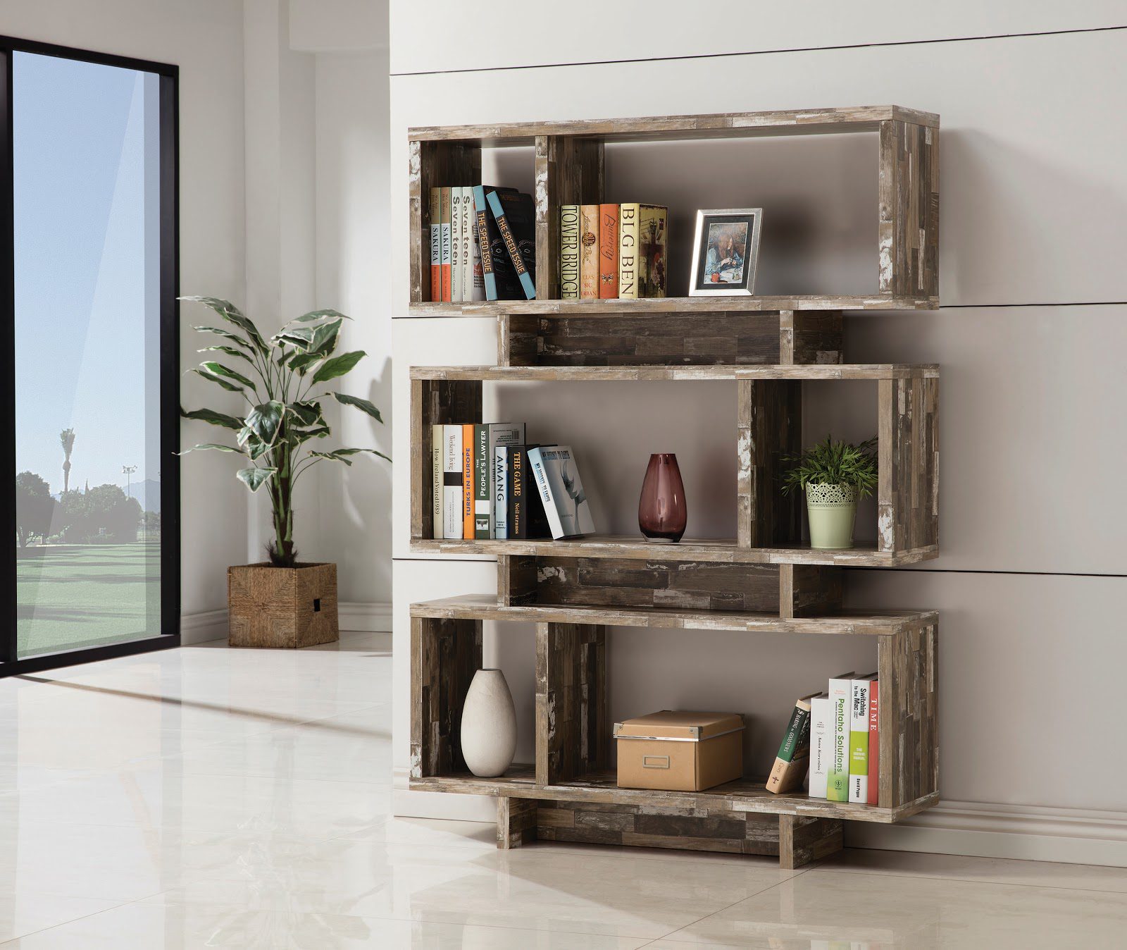 3-tier geometric bookcase salvaged cabin