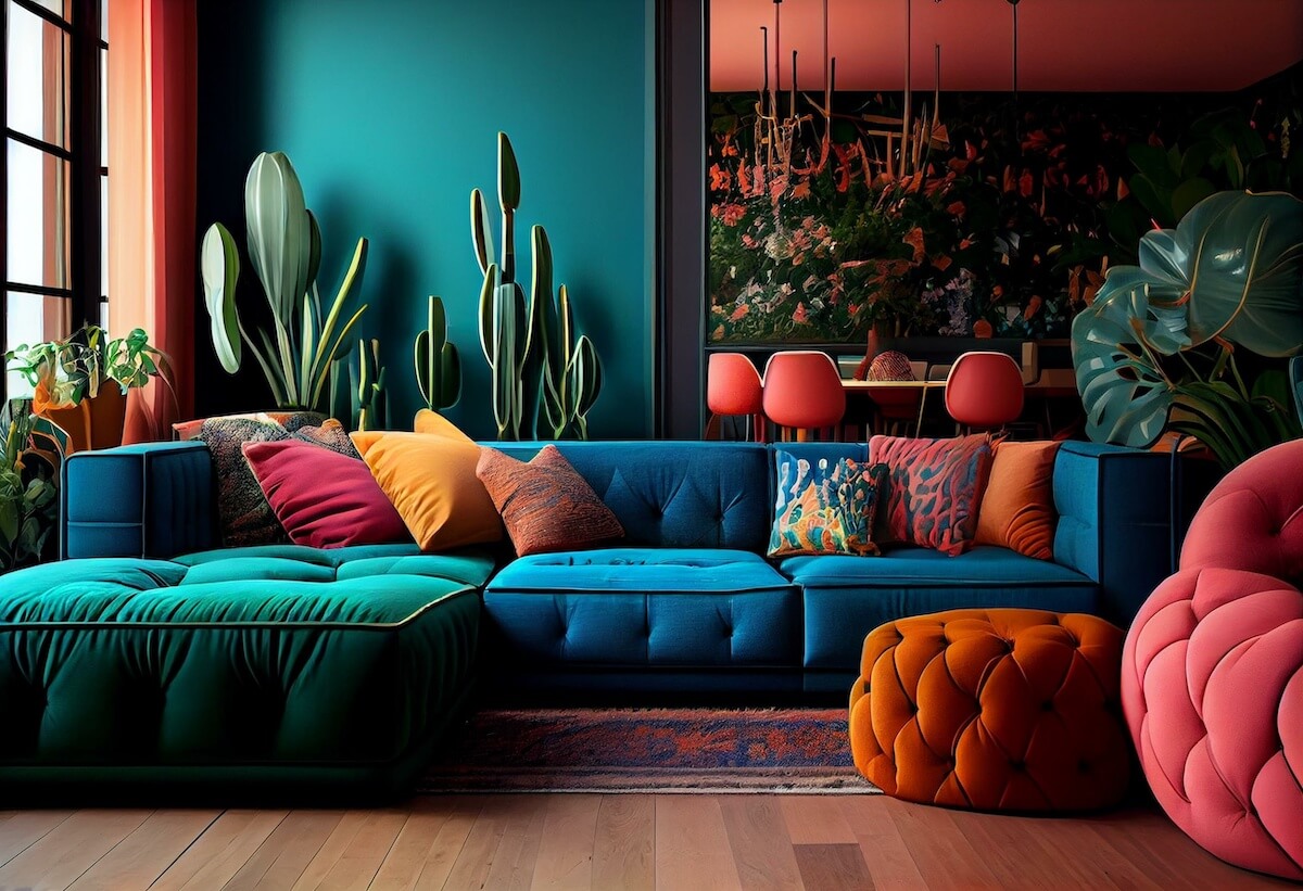 Colorful furniture: colorful couches and pillows