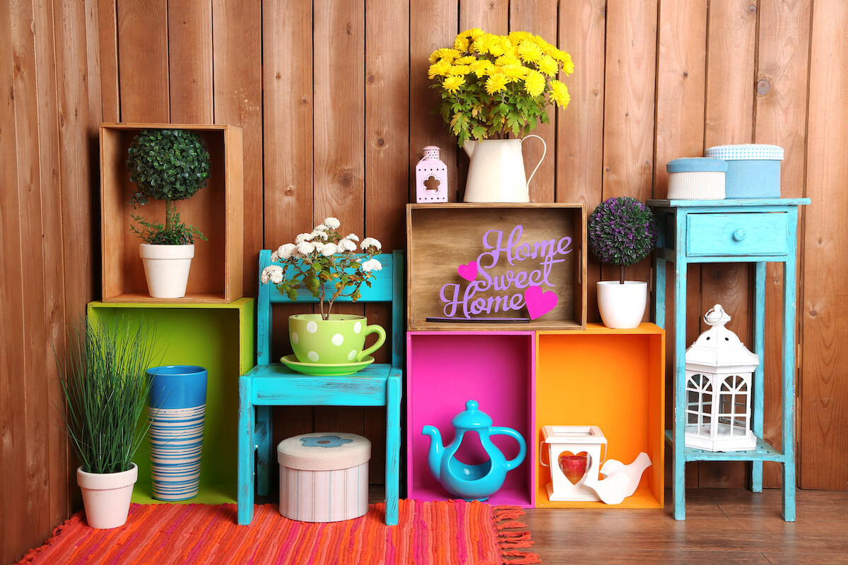 Colorful furniture with potted plants