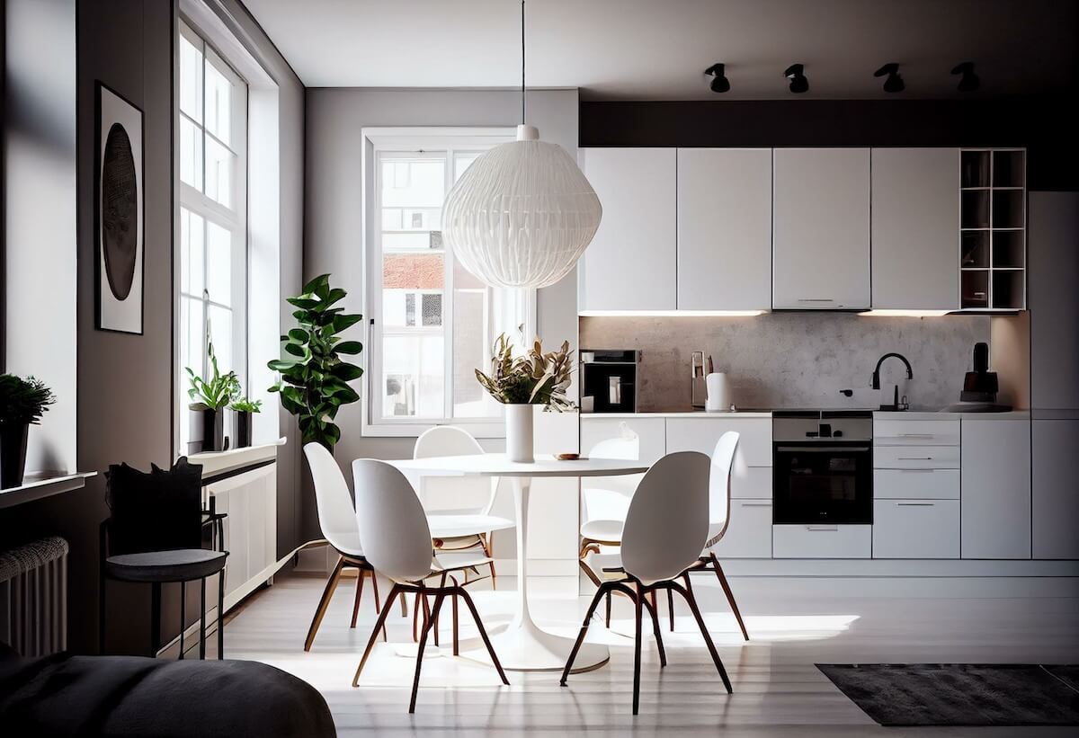 Dining area with a white hanging light