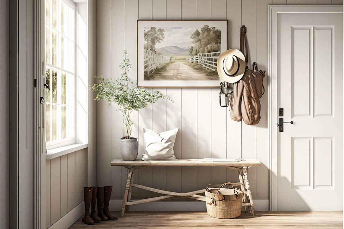 Farmhouse mudroom in a small space