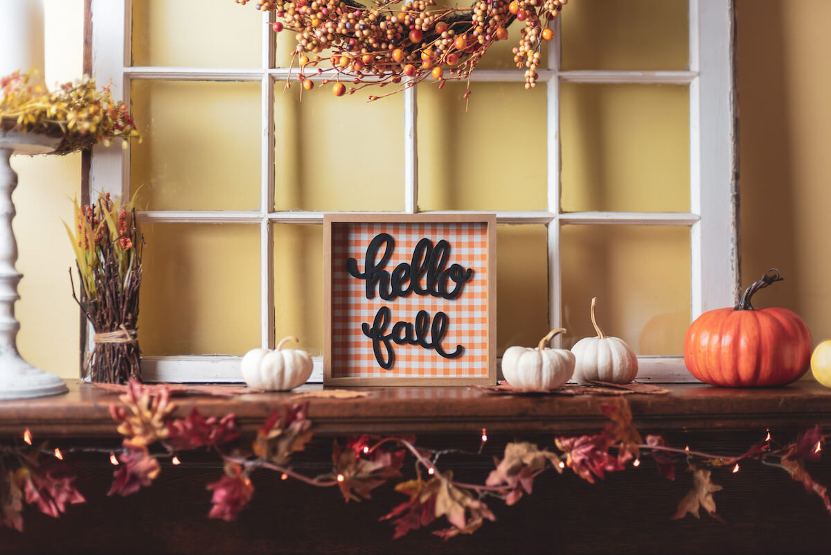 hello fall inside a wooden frame