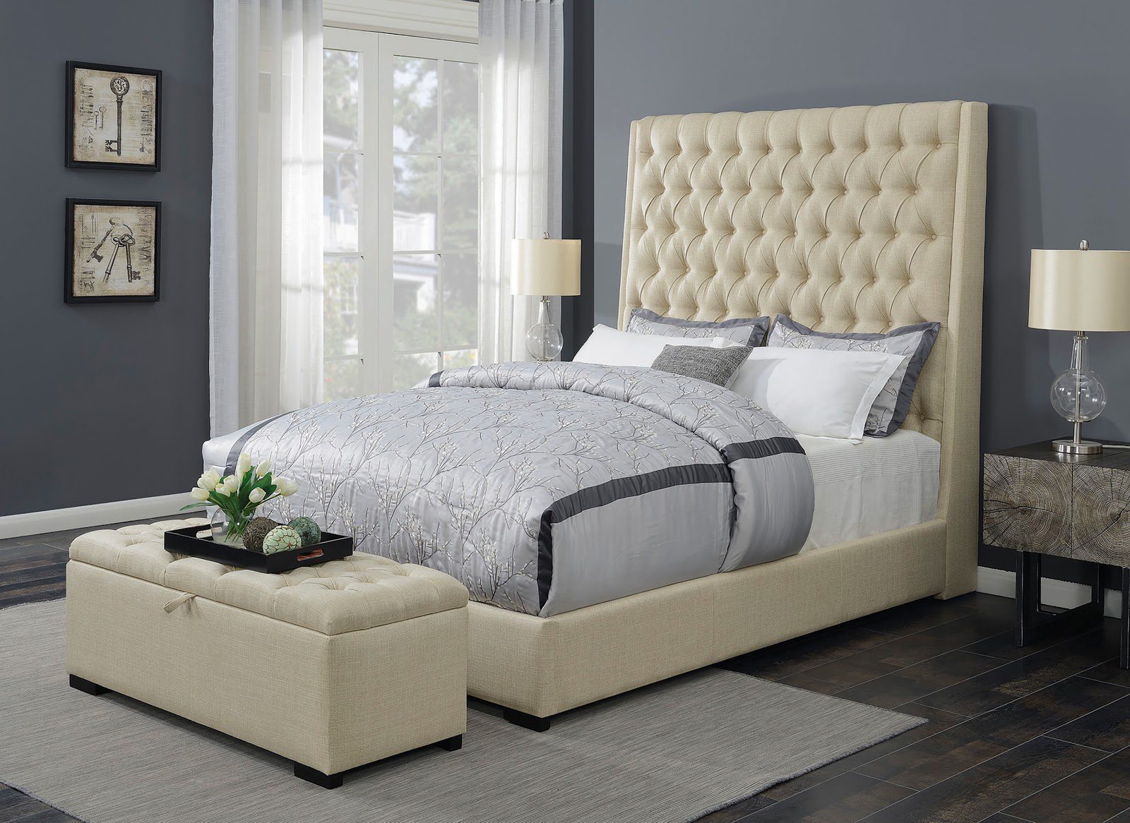 Camille queen button tufted bed cream