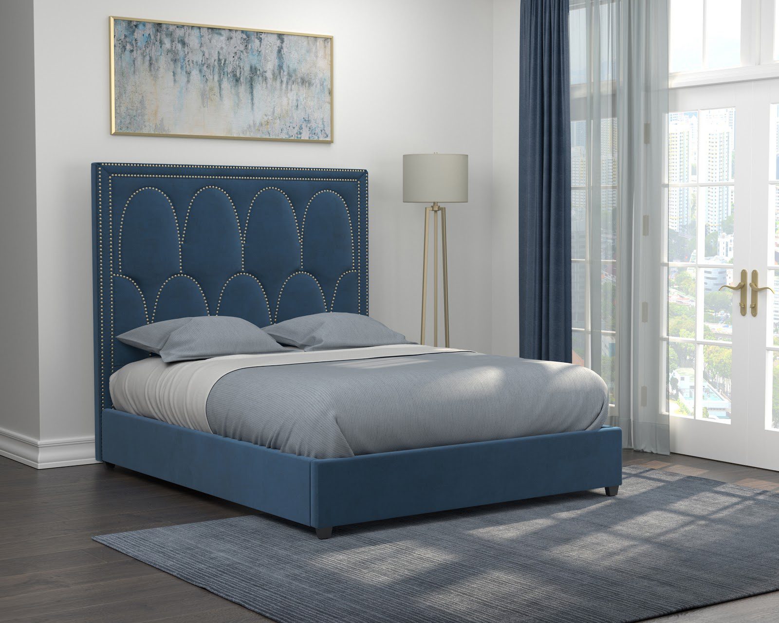 Small master bedroom ideas: Bowfield queen velvet upholstered bed blue