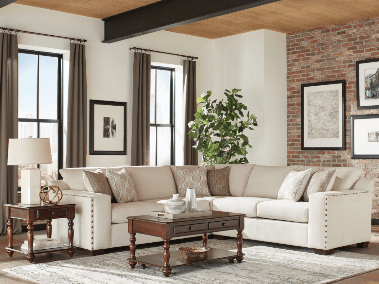 rustic furniture: Aria l-shaped sectional with nailhead oatmeal