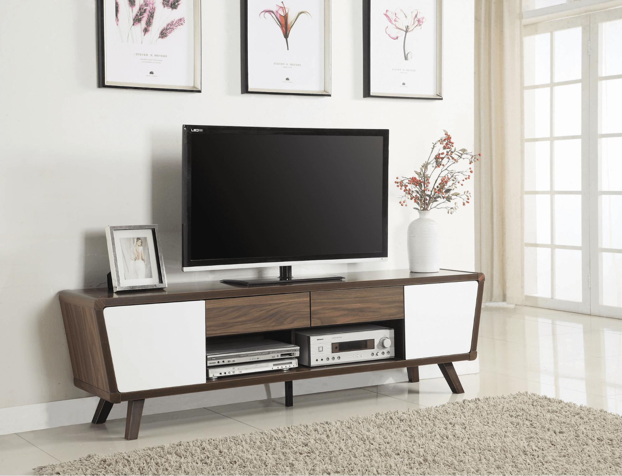 living room storage: 2-drawer TV console dark walnut and glossy white