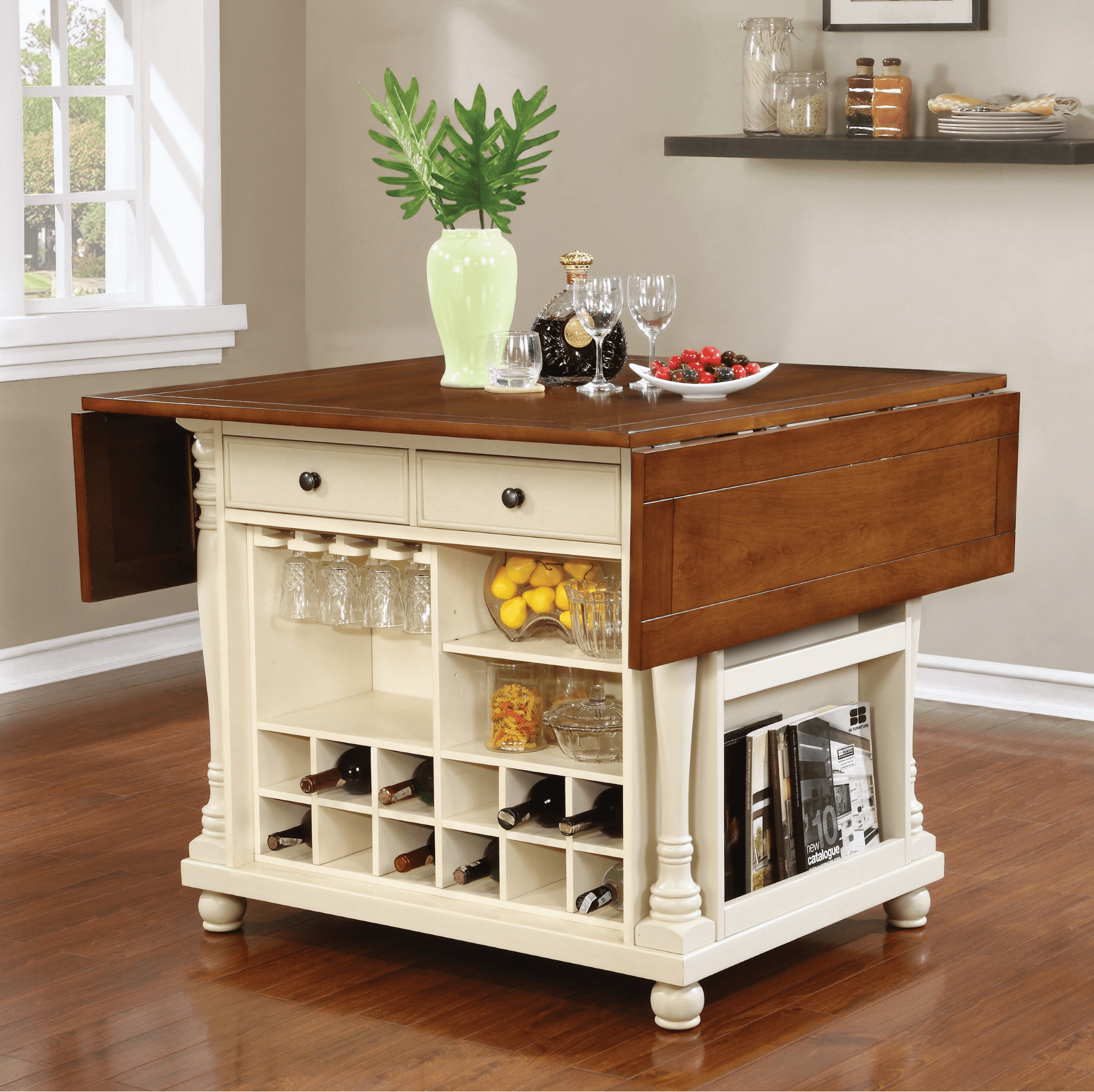 Slater 2-drawer kitchen island with drop leaves brown and buttermilk