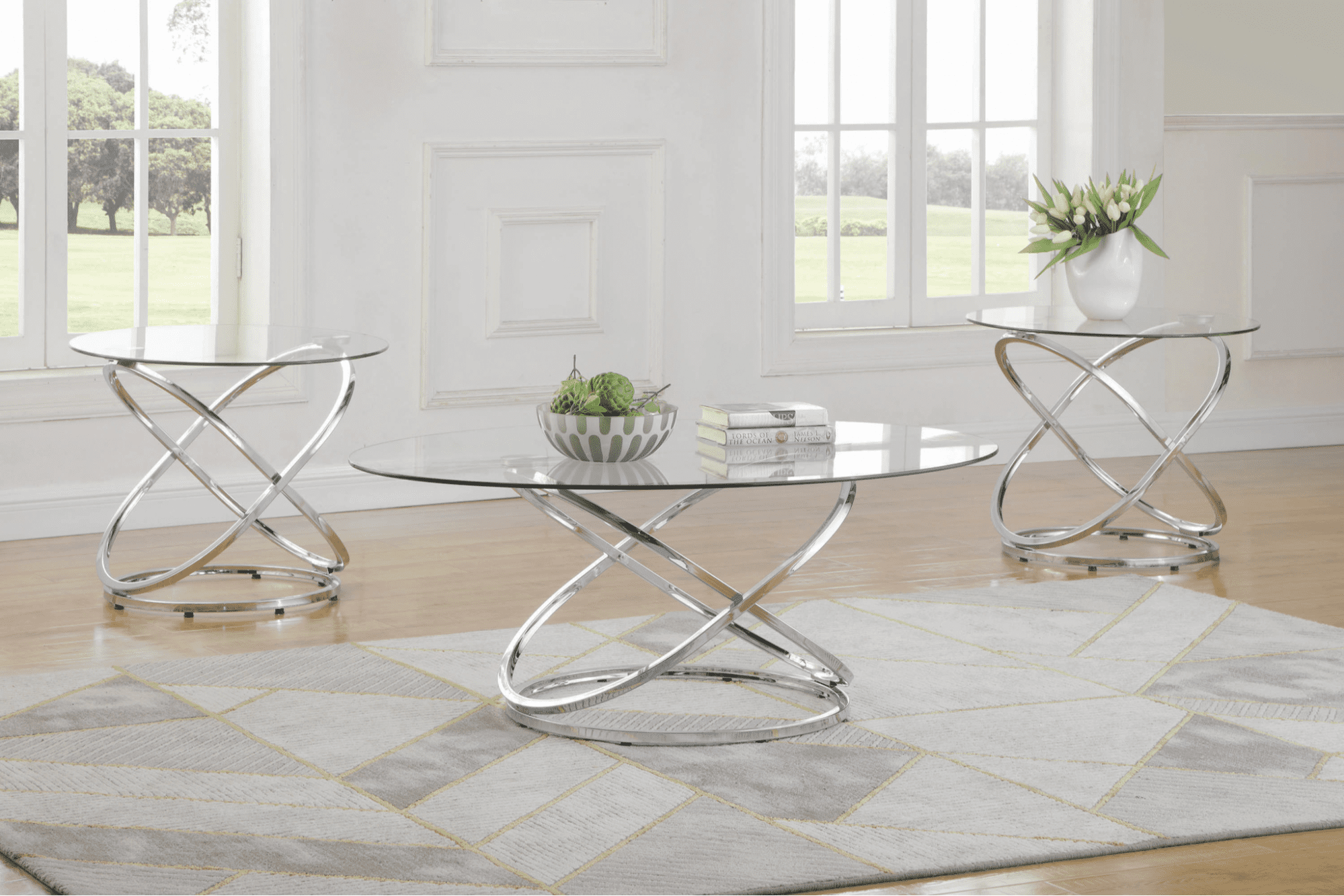 round coffee table: 3-Piece Occasional Set Chrome And Clear