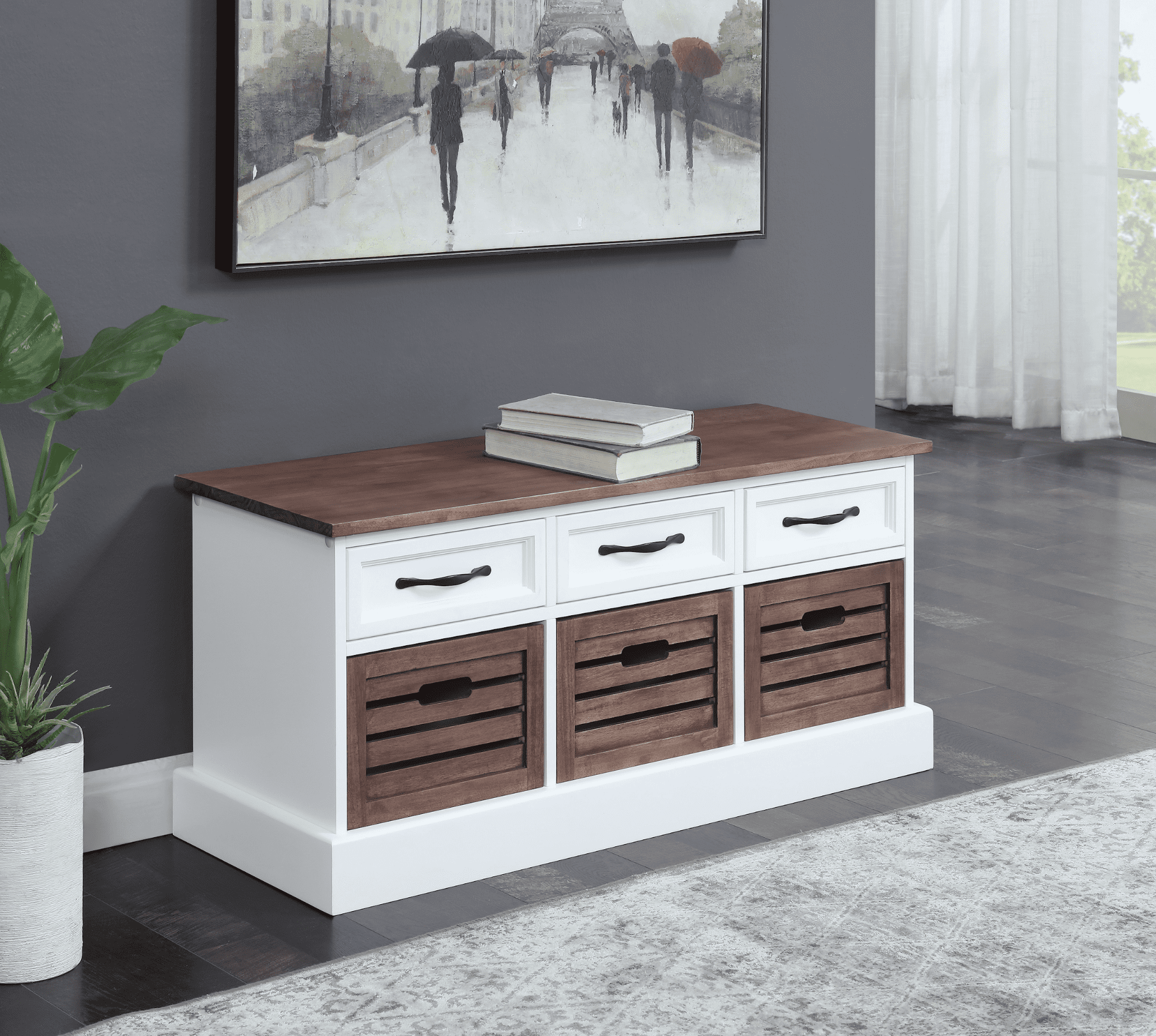 entryway storage: 3-drawer storage bench weathered brown and white