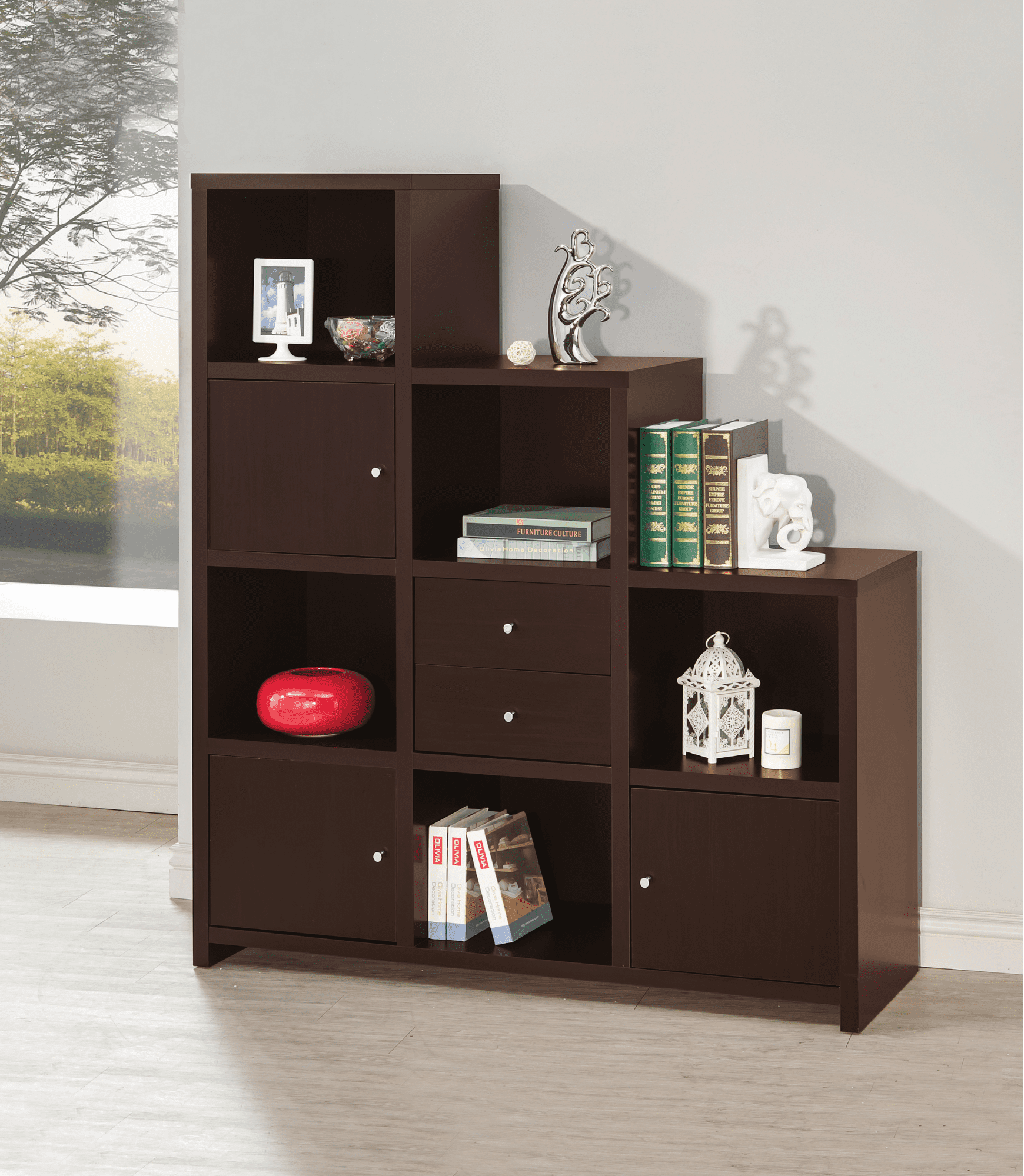 Bookcase with cube storage compartments cappuccino