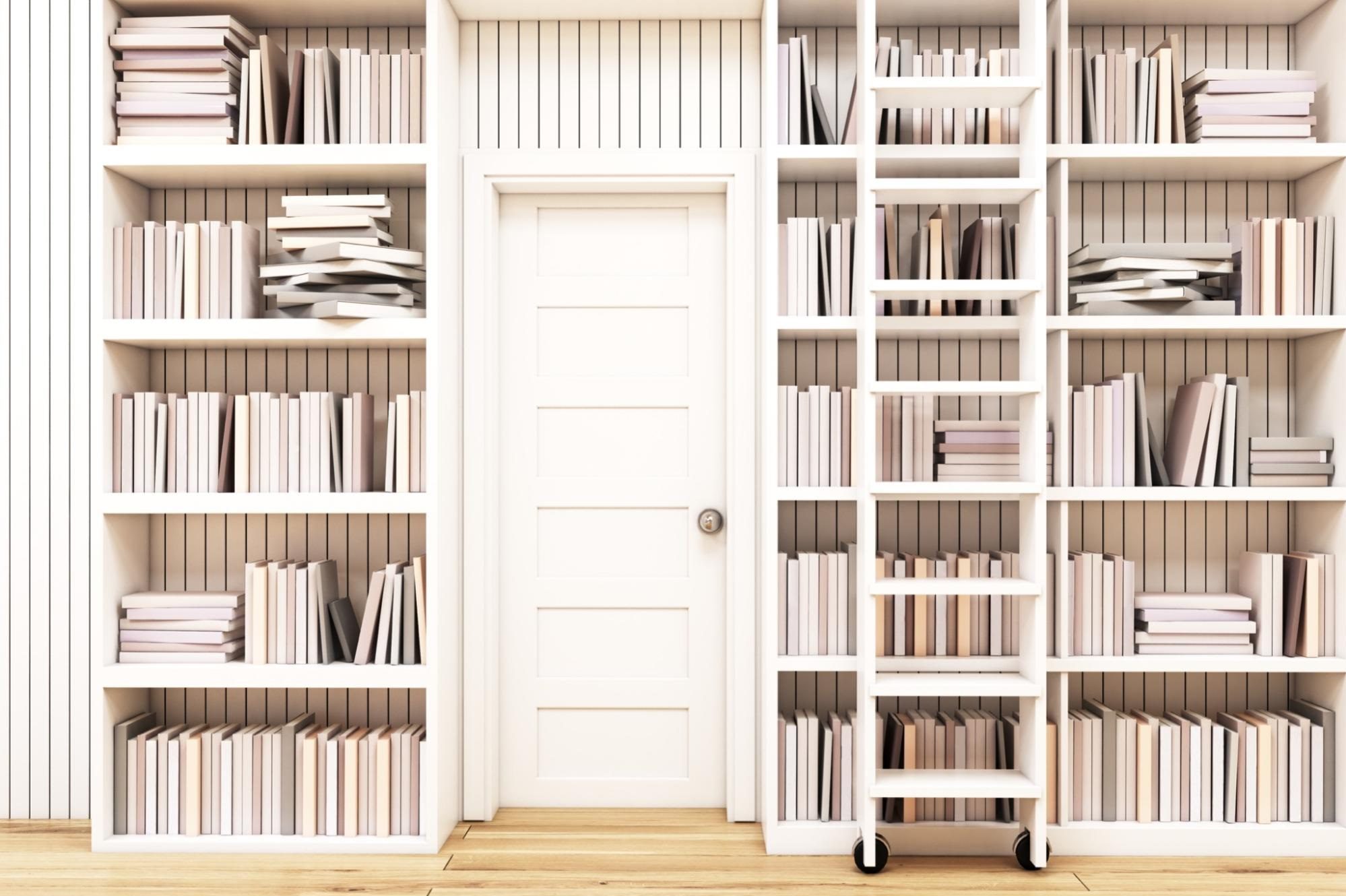 Door with a bookcase on either side and a white ladder