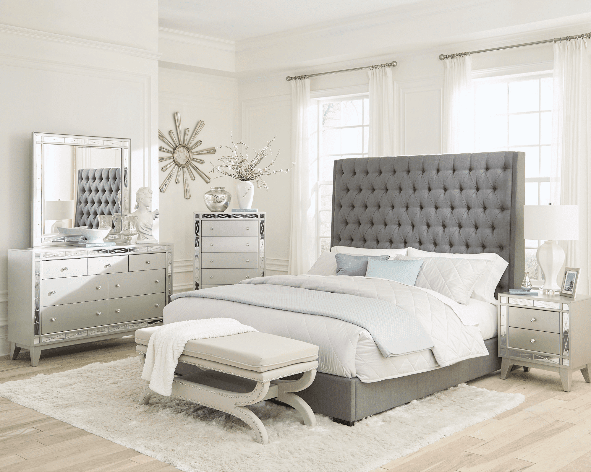 upholstered headboard: Camille Queen Button Tufted Bed Grey