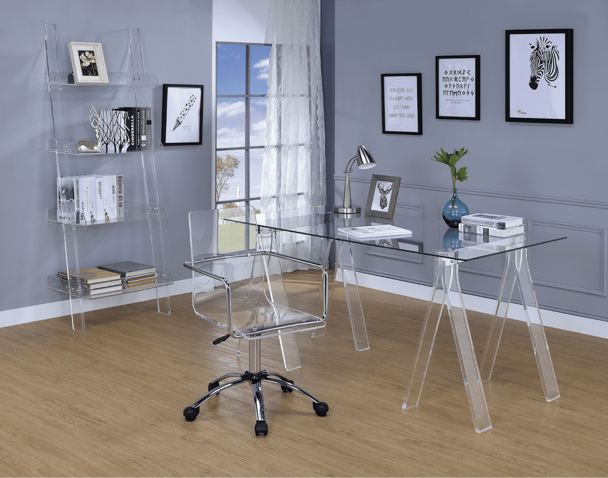 Modern home office: Amaturo writing desk with glass top clear