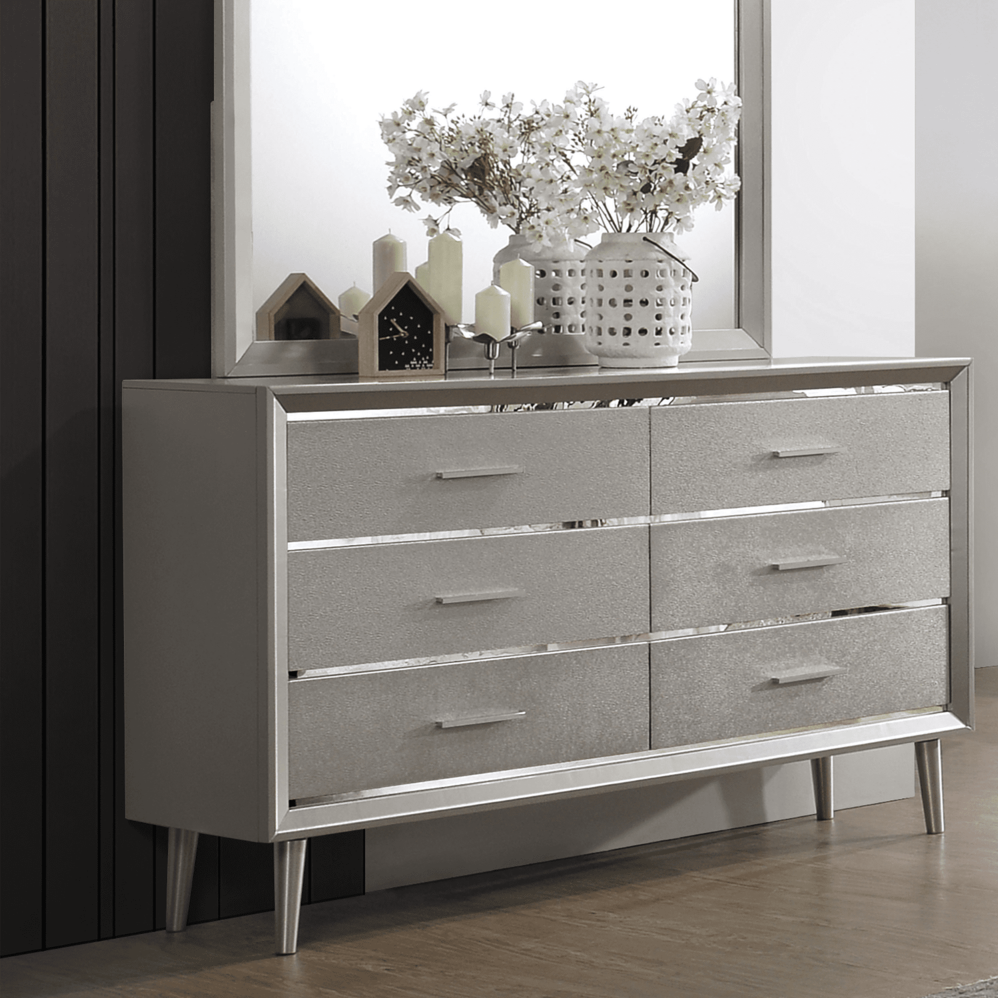 mirrored dresser: Ramon 6-Drawer Dresser Metallic Sterling