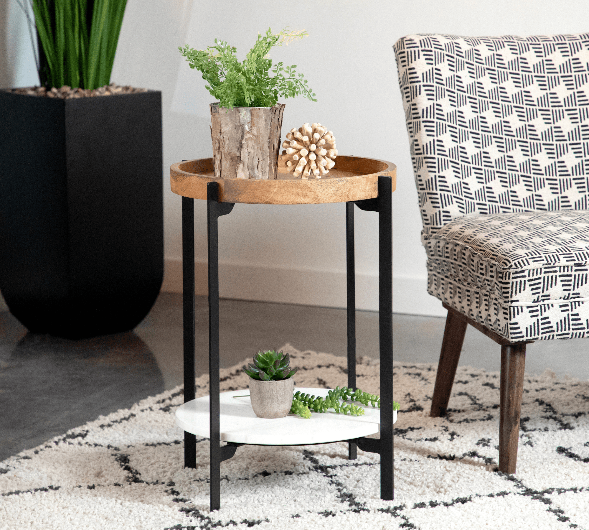 Round Accent Table With Marble Shelf Natural And Black