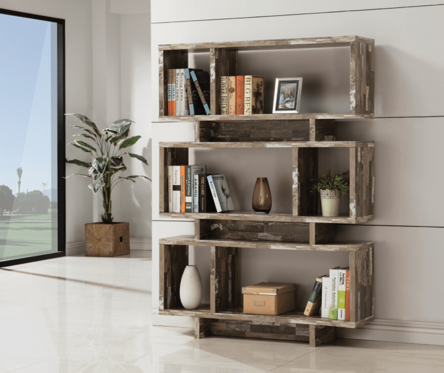 small bookshelf: 3-tier geometric bookcase salvaged cabin