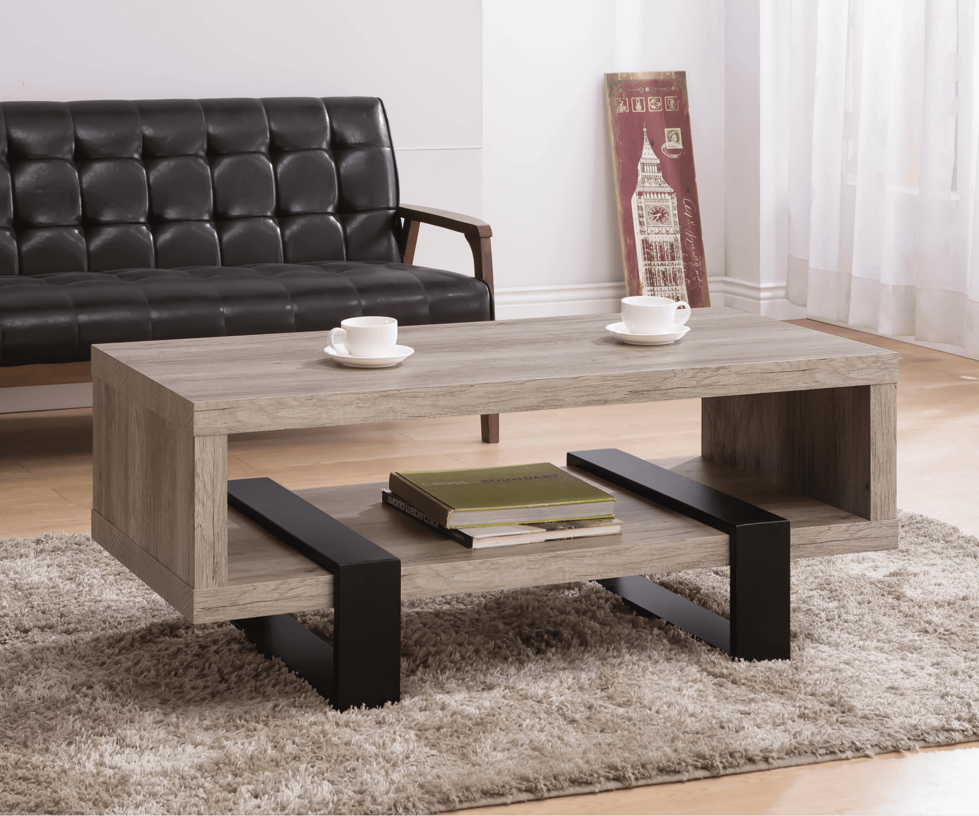 wood coffee table: Coffee table with shelf grey driftwood