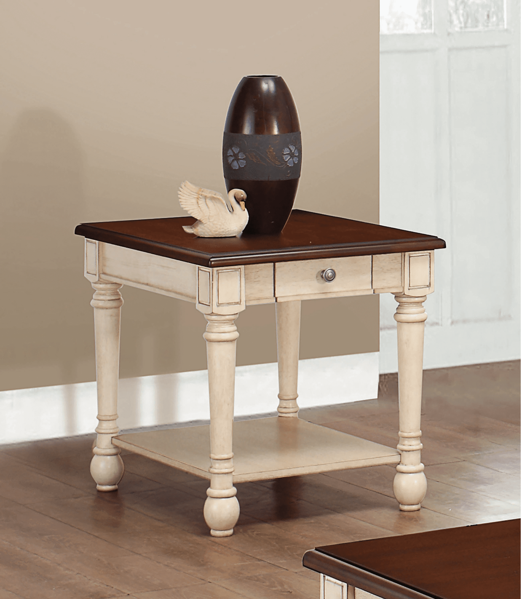 Rectangular end table dark cherry and antique white