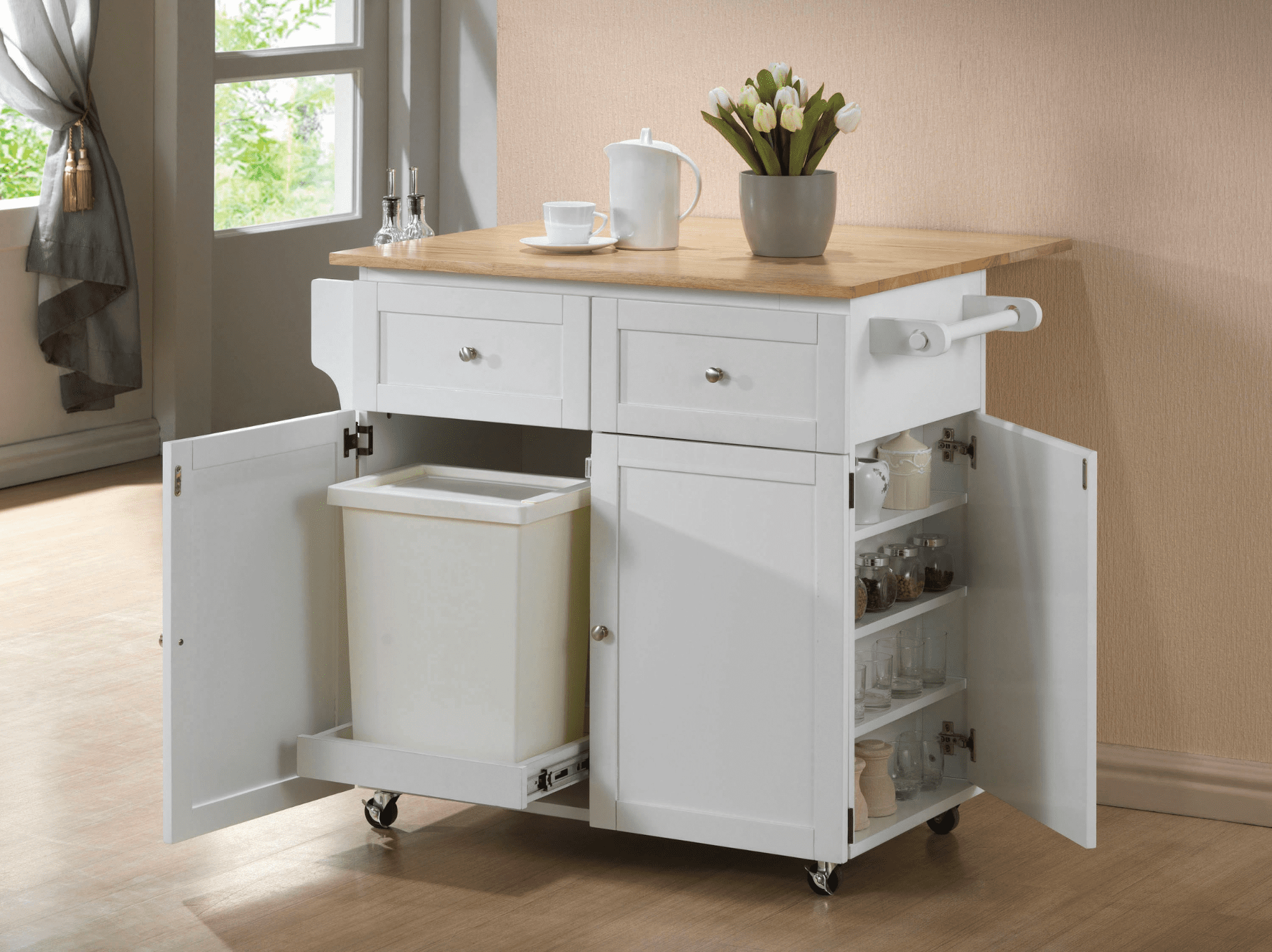 rolling kitchen island: 3-door kitchen cart with casters natural brown and white