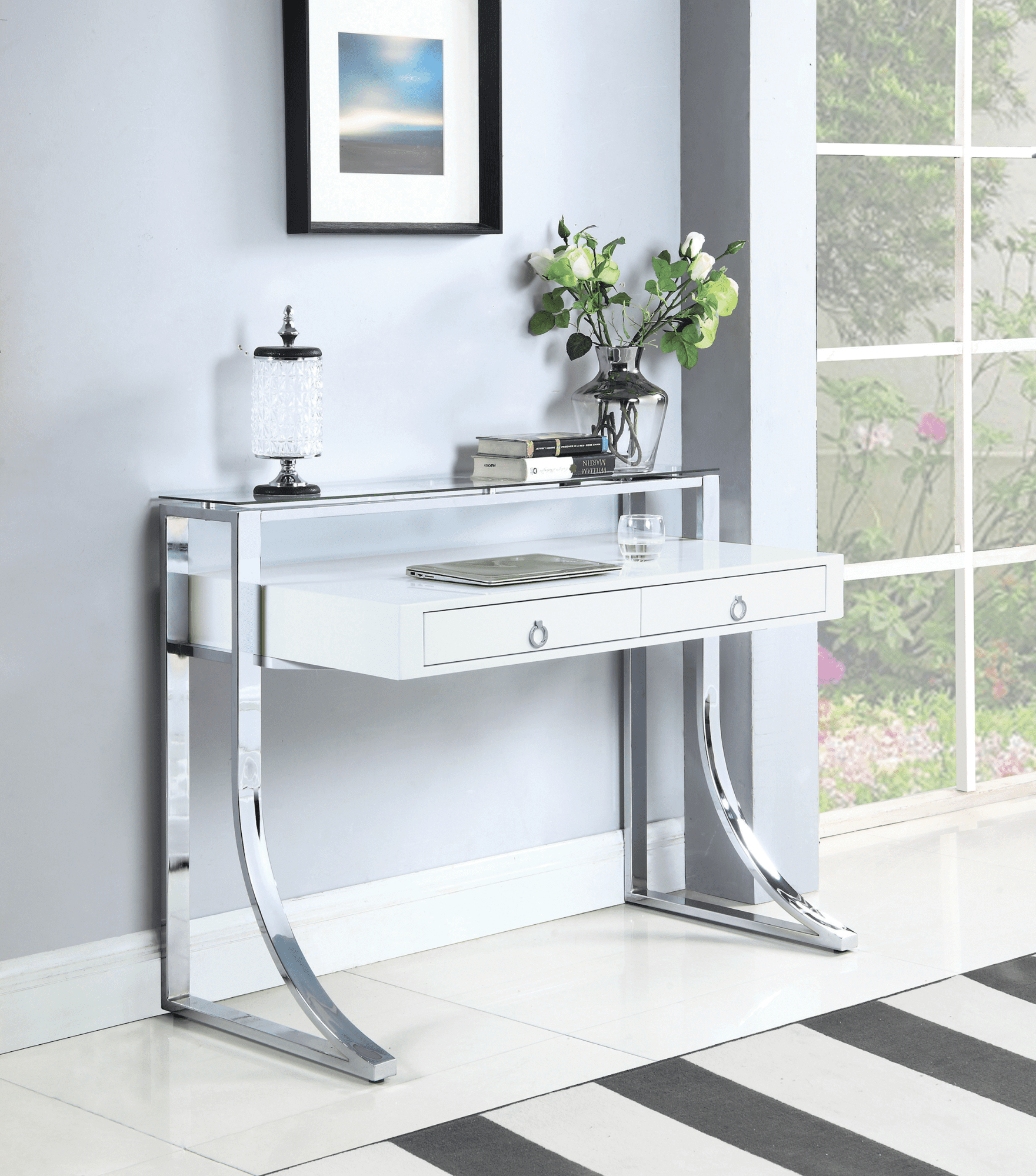 Modern home office: Gemma 2-drawer writing desk glossy white and chrome