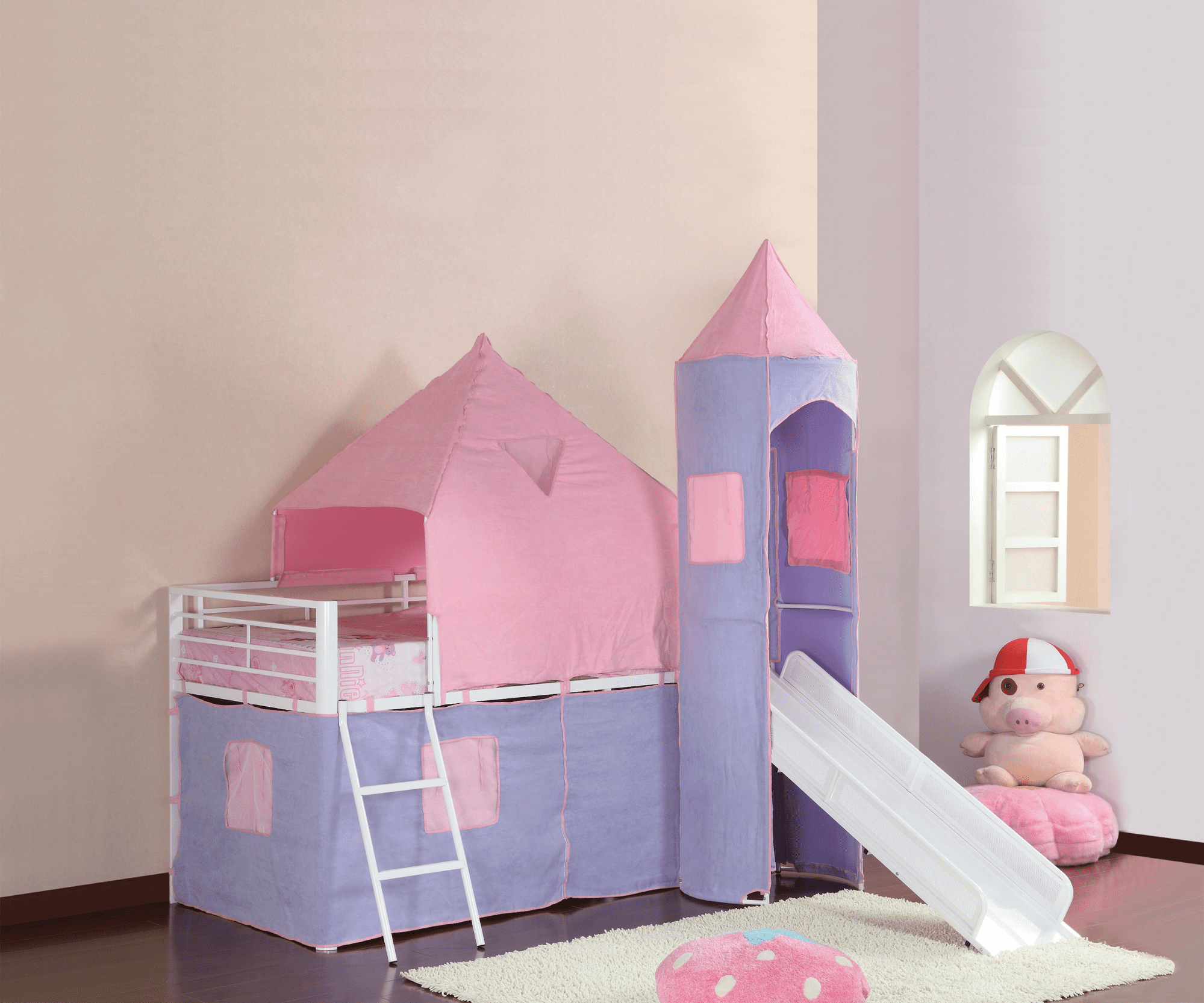 playroom ideas: Princess Castle Twin Tent Loft Bed Pink And Perwinkle