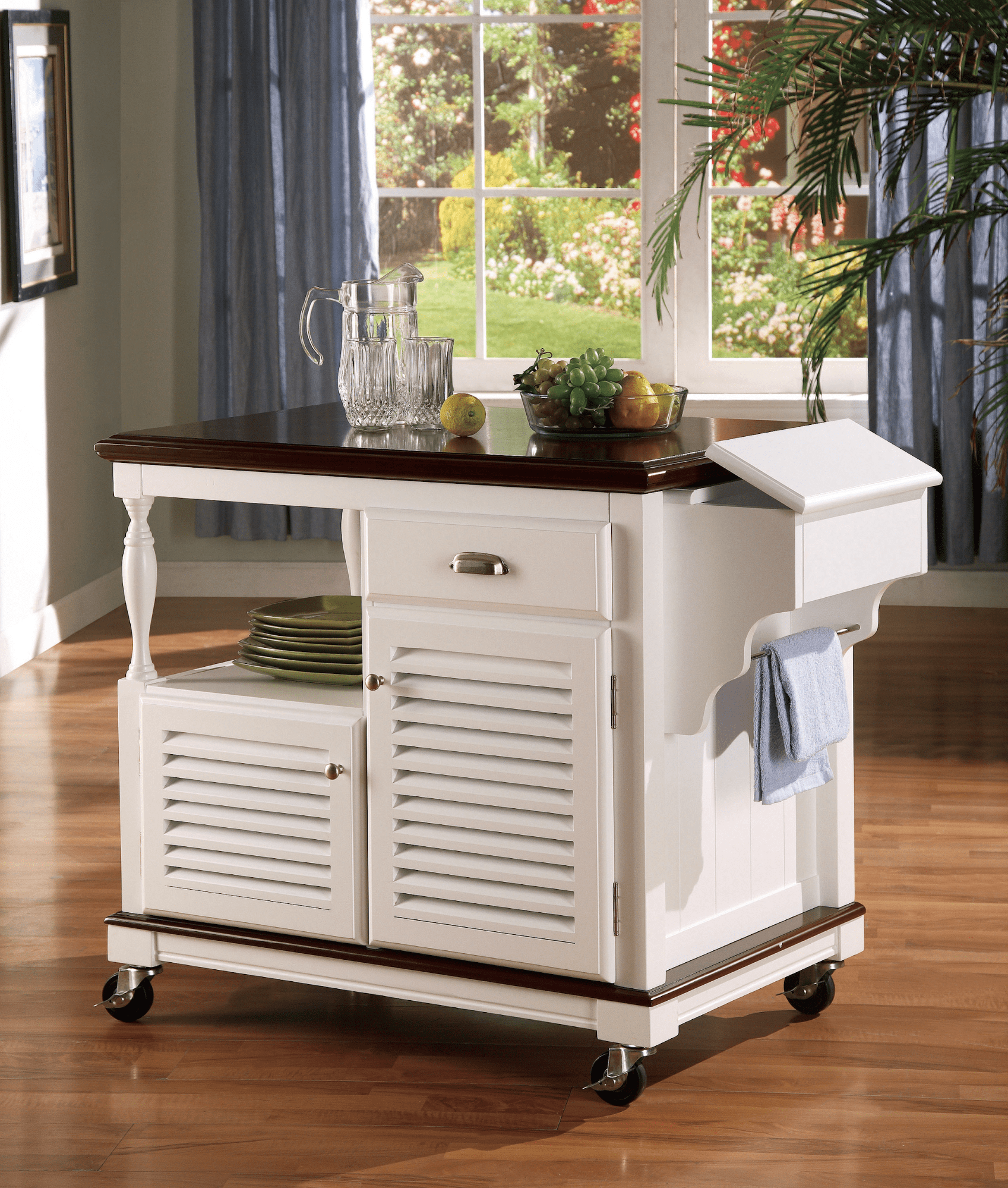 rolling kitchen island: 2-door kitchen cart merlot and white