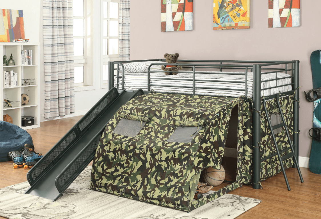 twin bunk beds: Camouflage tent lofted bed with lower playspace army green