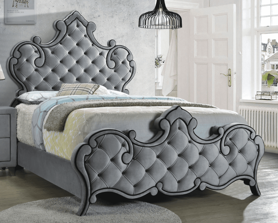 Sandboard queen rhinestone button tufted bed grey