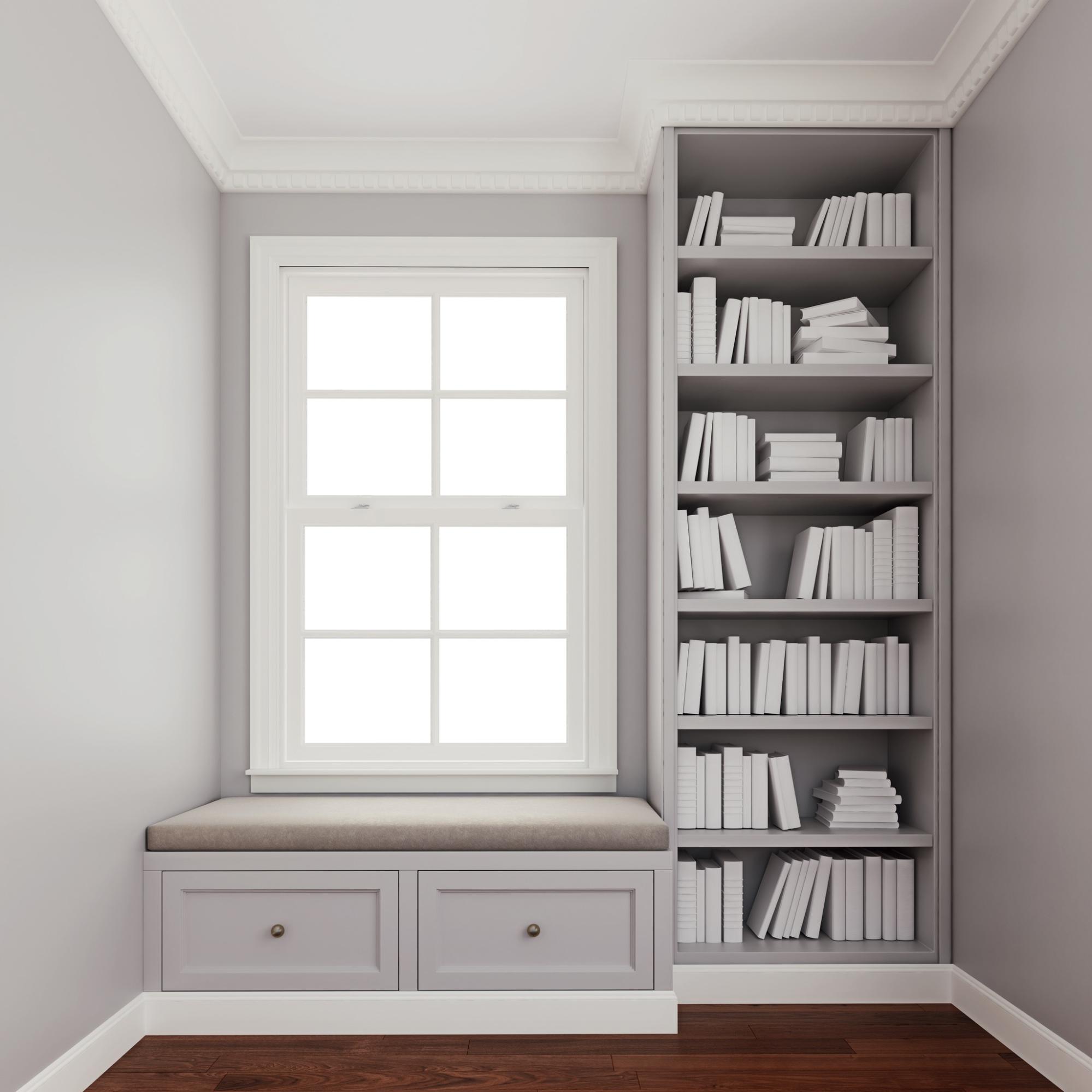 bookshelf ideas: Gray room with a bookshelf in the corner and a reading nook by the window