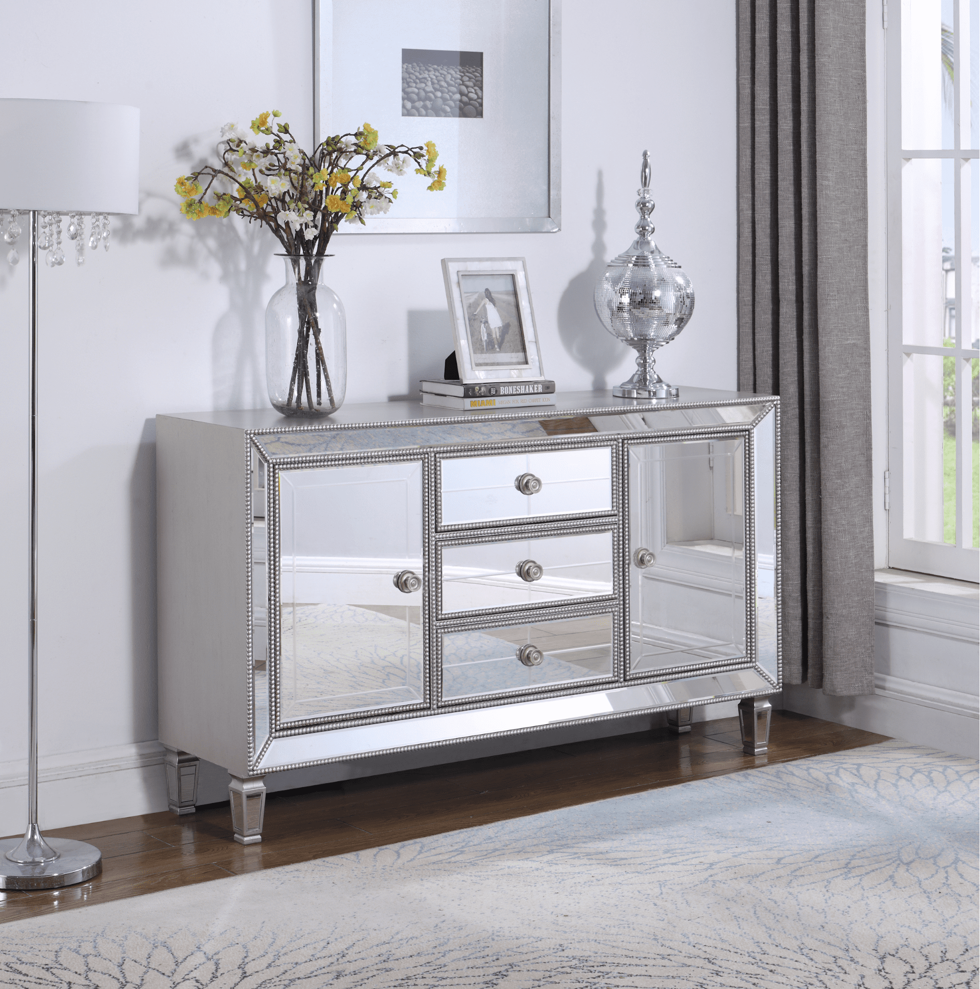 mirrored dresser: 3-Drawer Accent Cabinet Silver