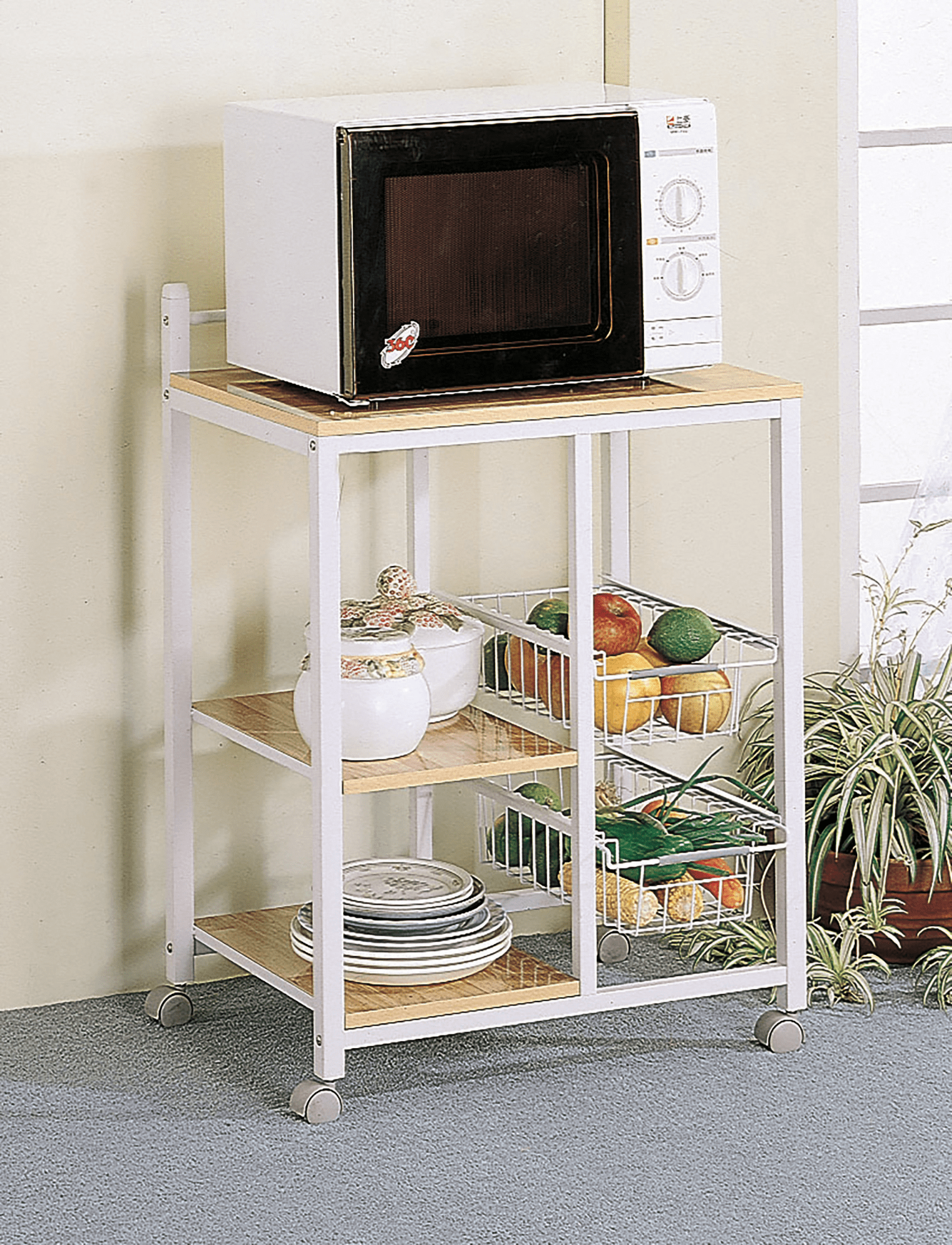 rolling kitchen island: 2-shelf kitchen cart natural brown and white