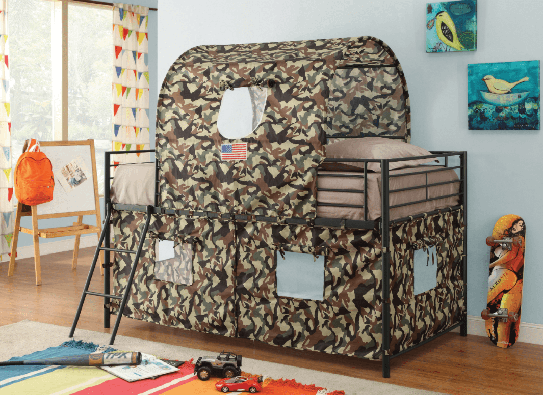 twin bunk beds: Camouflage tent loft bed with ladder army green