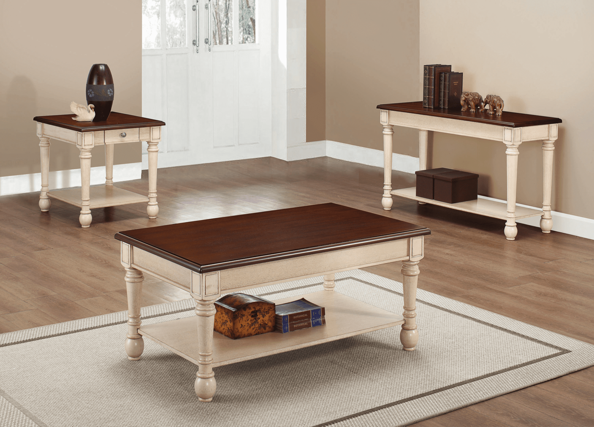 wood coffee table: Rectangular coffee table dark cherry and antique white