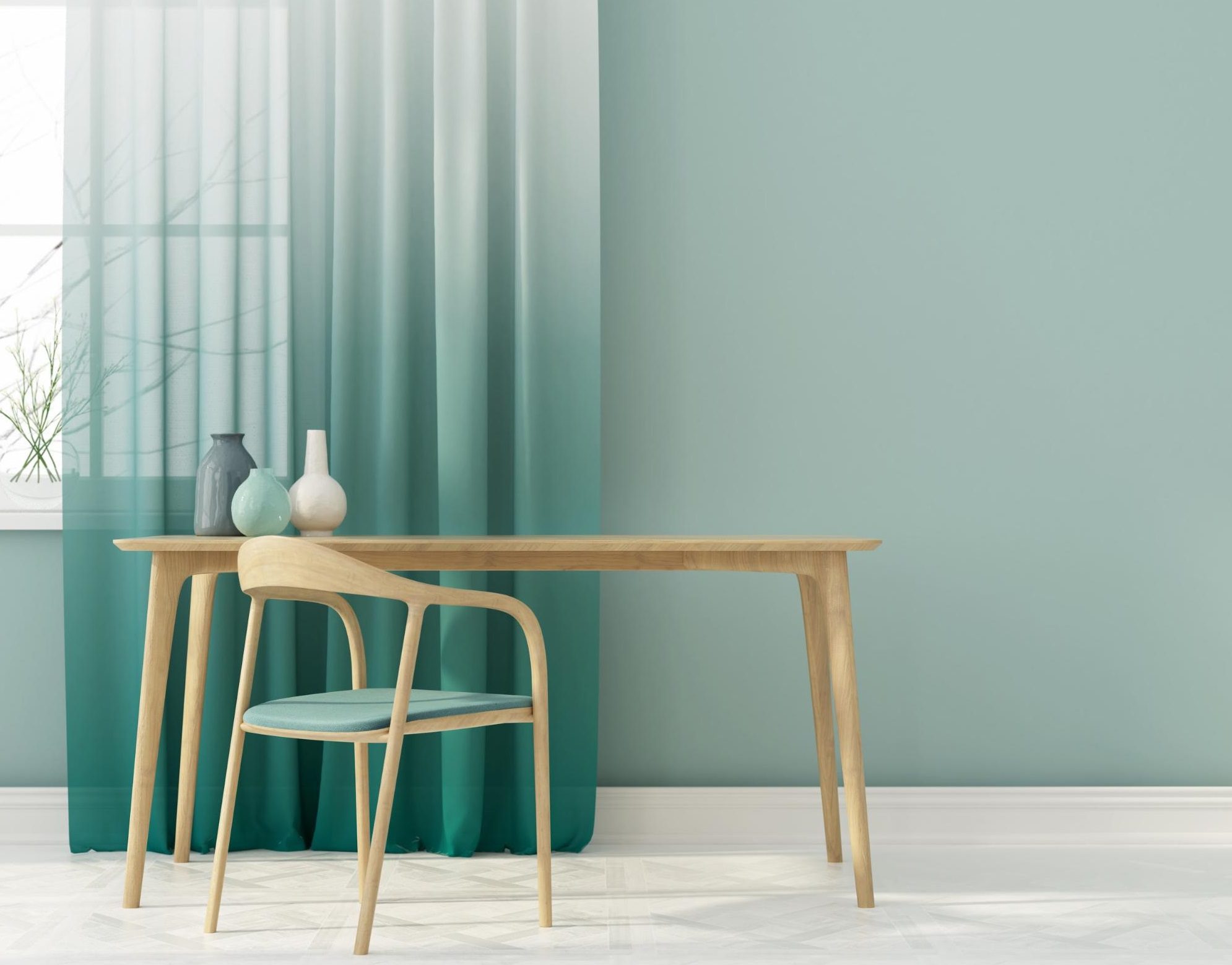 Work area with green curtains, wall, chair and decor