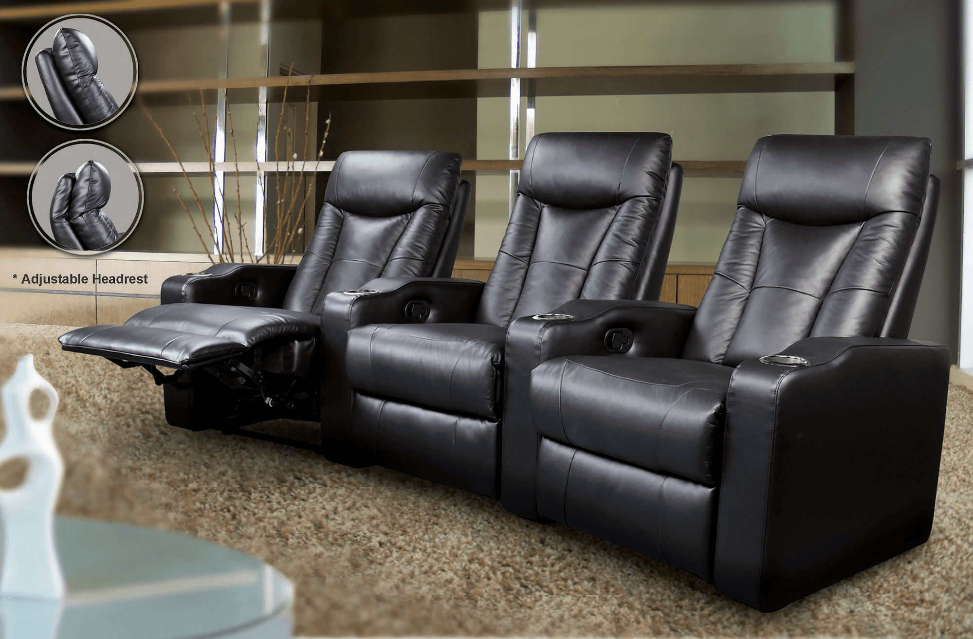 Living room layout ideas: Pavillion home theater 3-seated recliner black