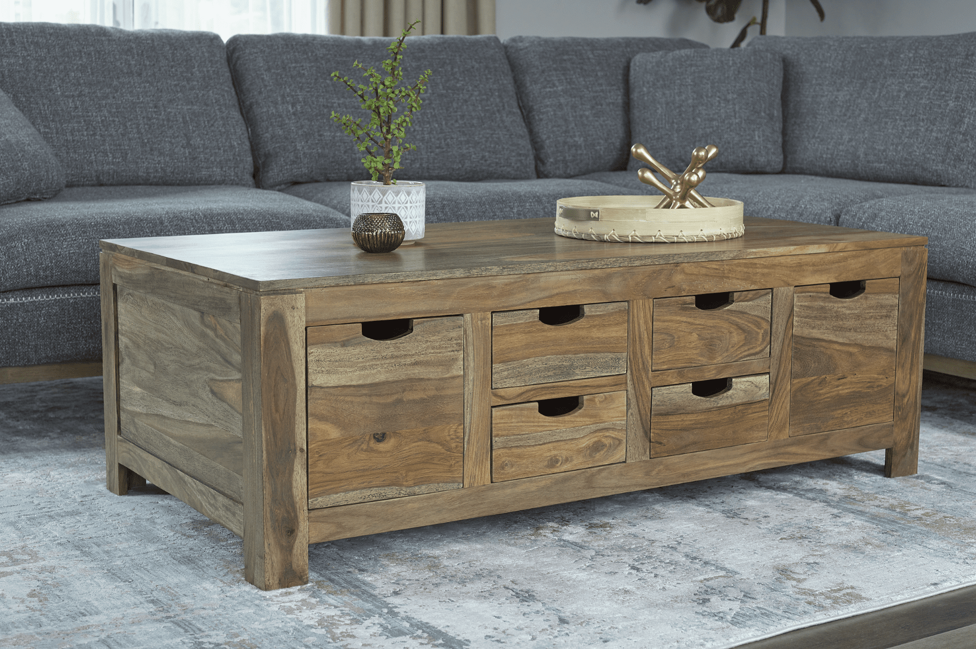 living room storage: Persia 6-drawer storage coffee table natural sheesham