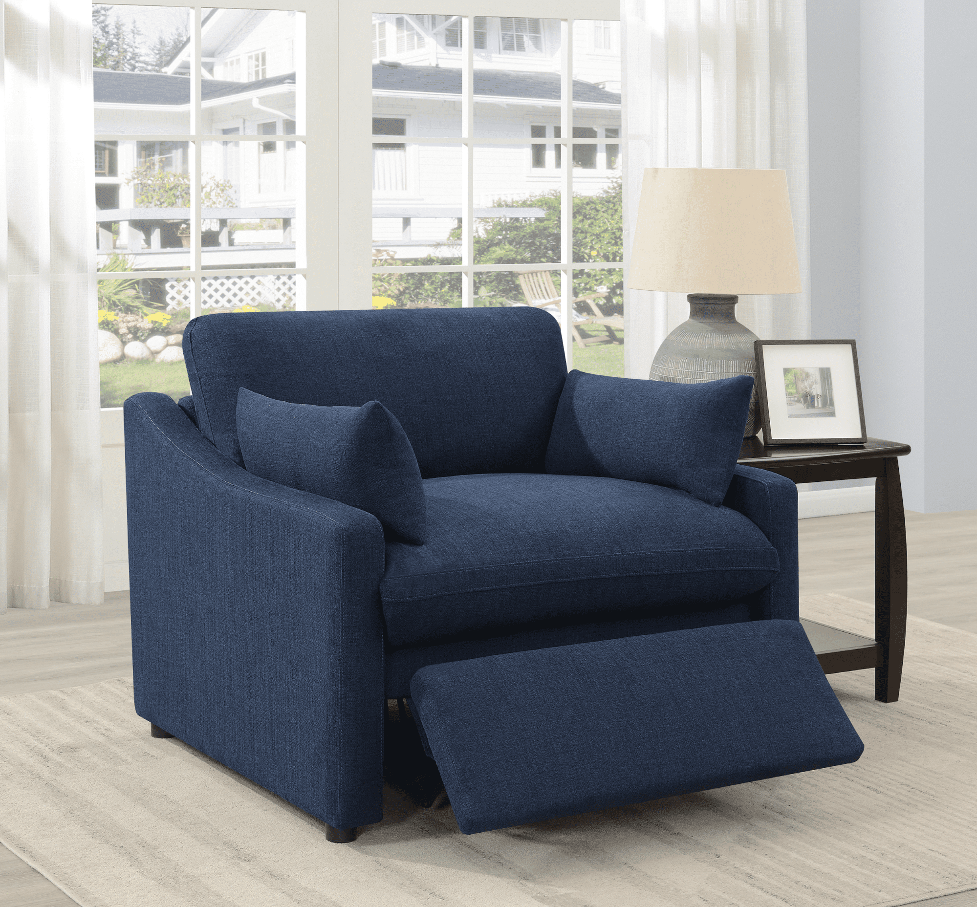 best recliners: Destino Cushion Back Power Recliner in Midnight Blue