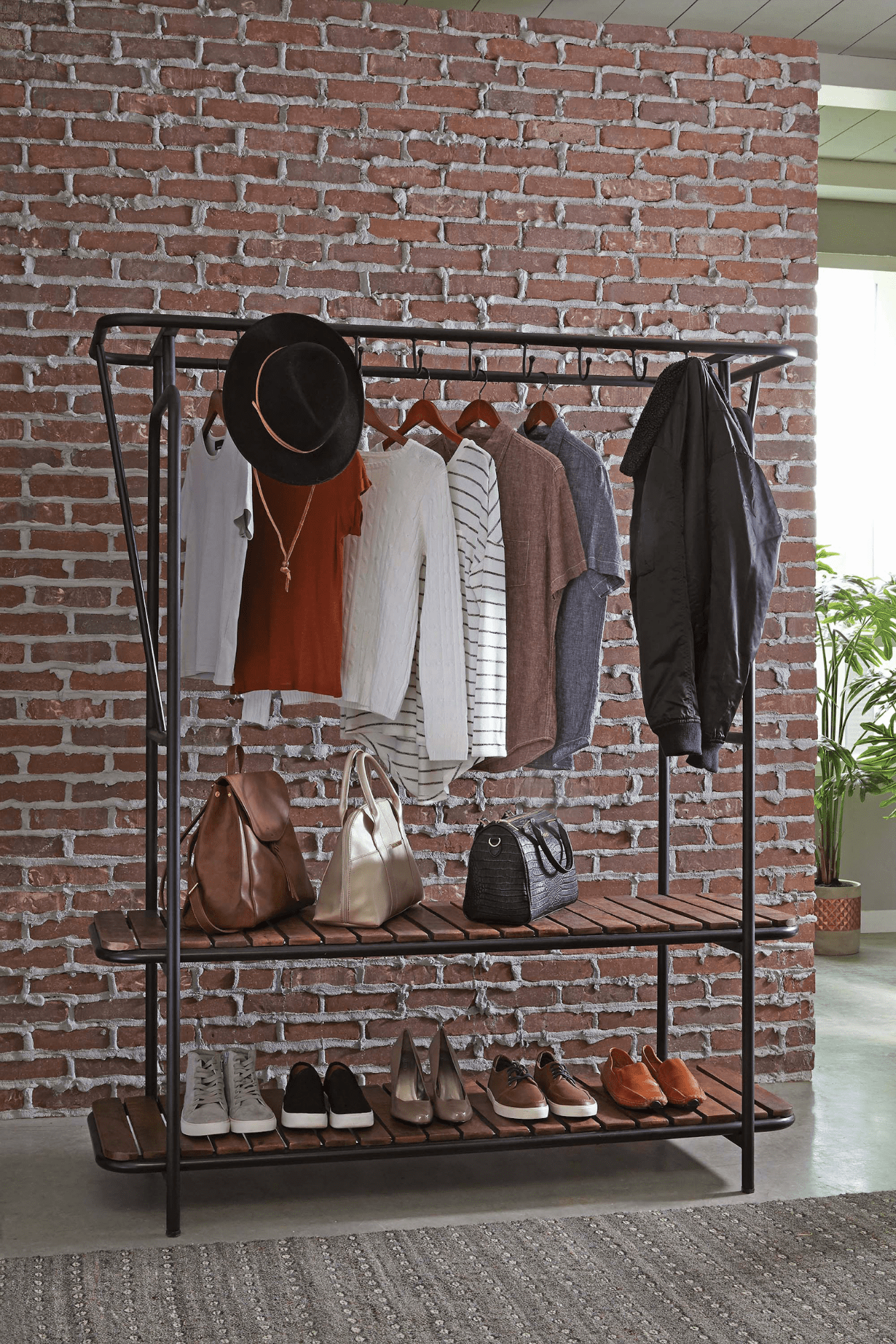 entryway storage: 8-coat hooks clothes with shoe rack tobacco and black