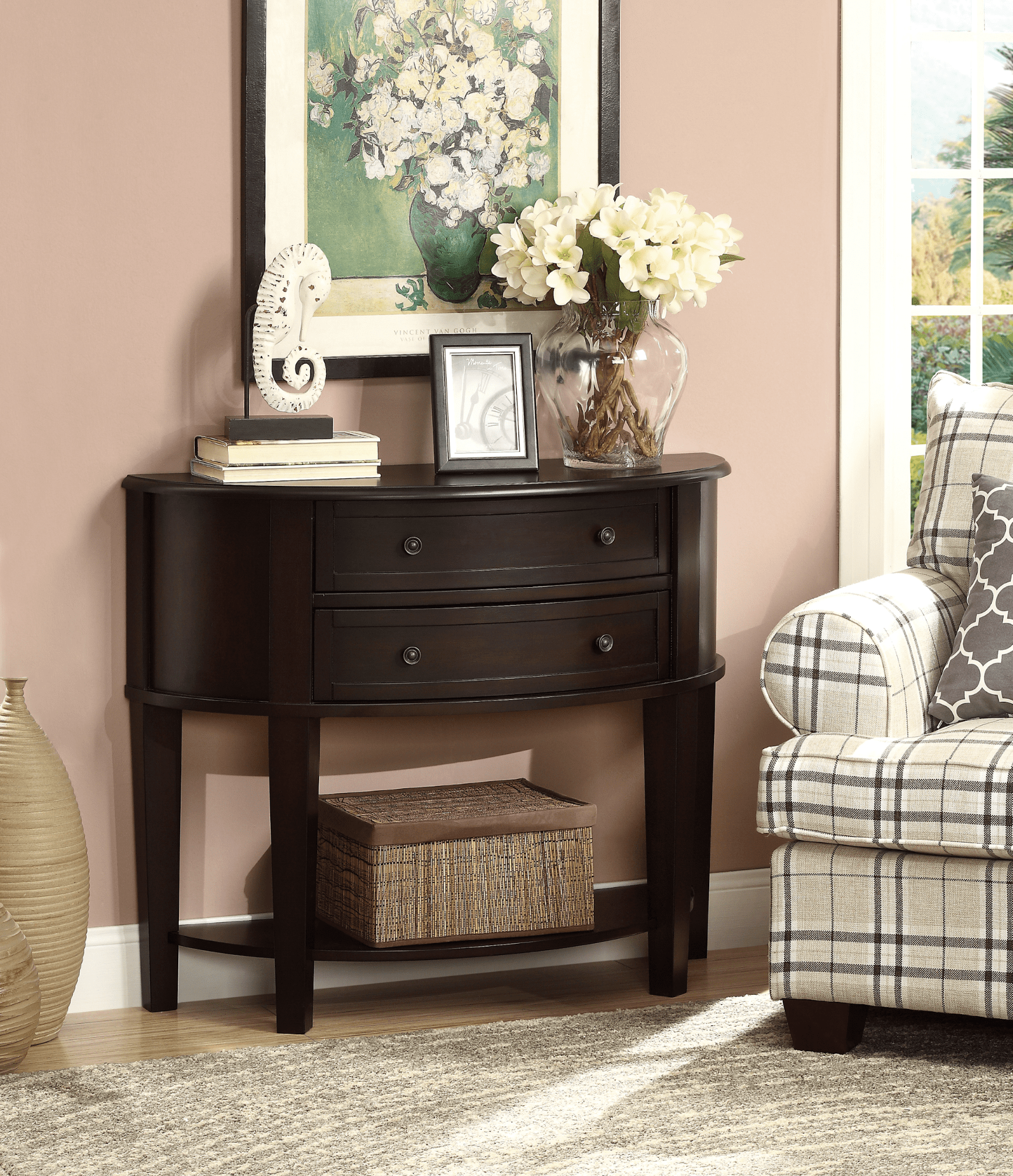 living room storage: 2-drawer demilune shape console table cappuccino