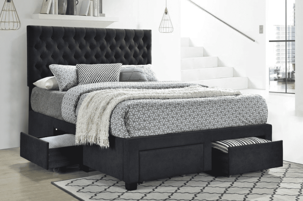 tufted headboards: Soledad Eastern king 4-drawer button tufted storage bed charcoal