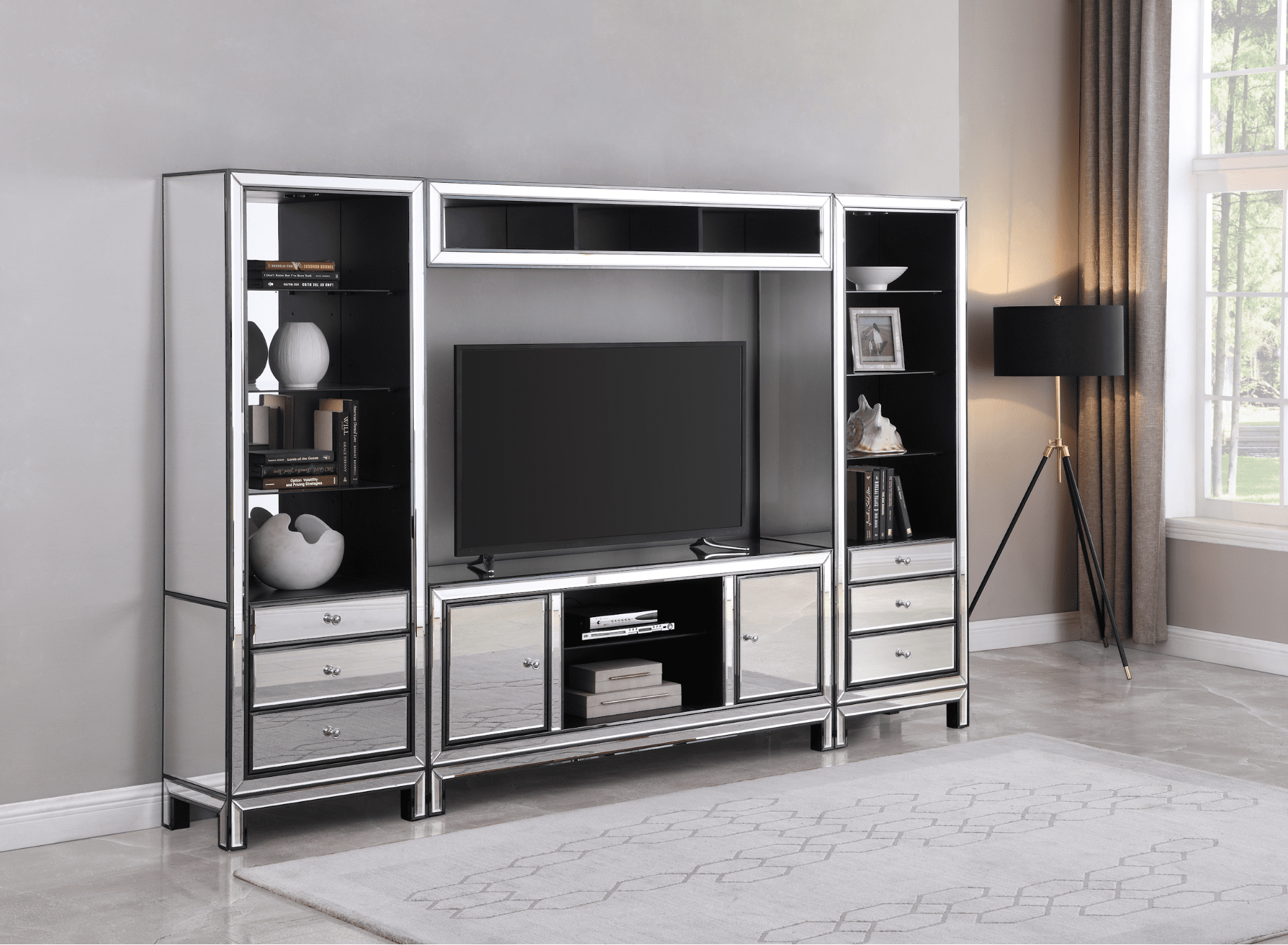 living room storage: 3-drawer media tower black titanium and silver