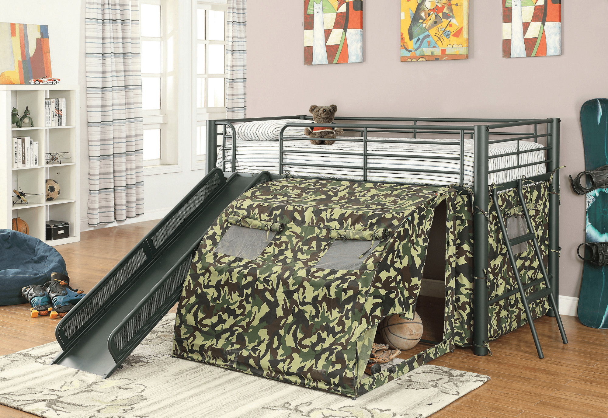 Kids bedroom ideas: Camouflage tent lofted bed with lower playspace army green