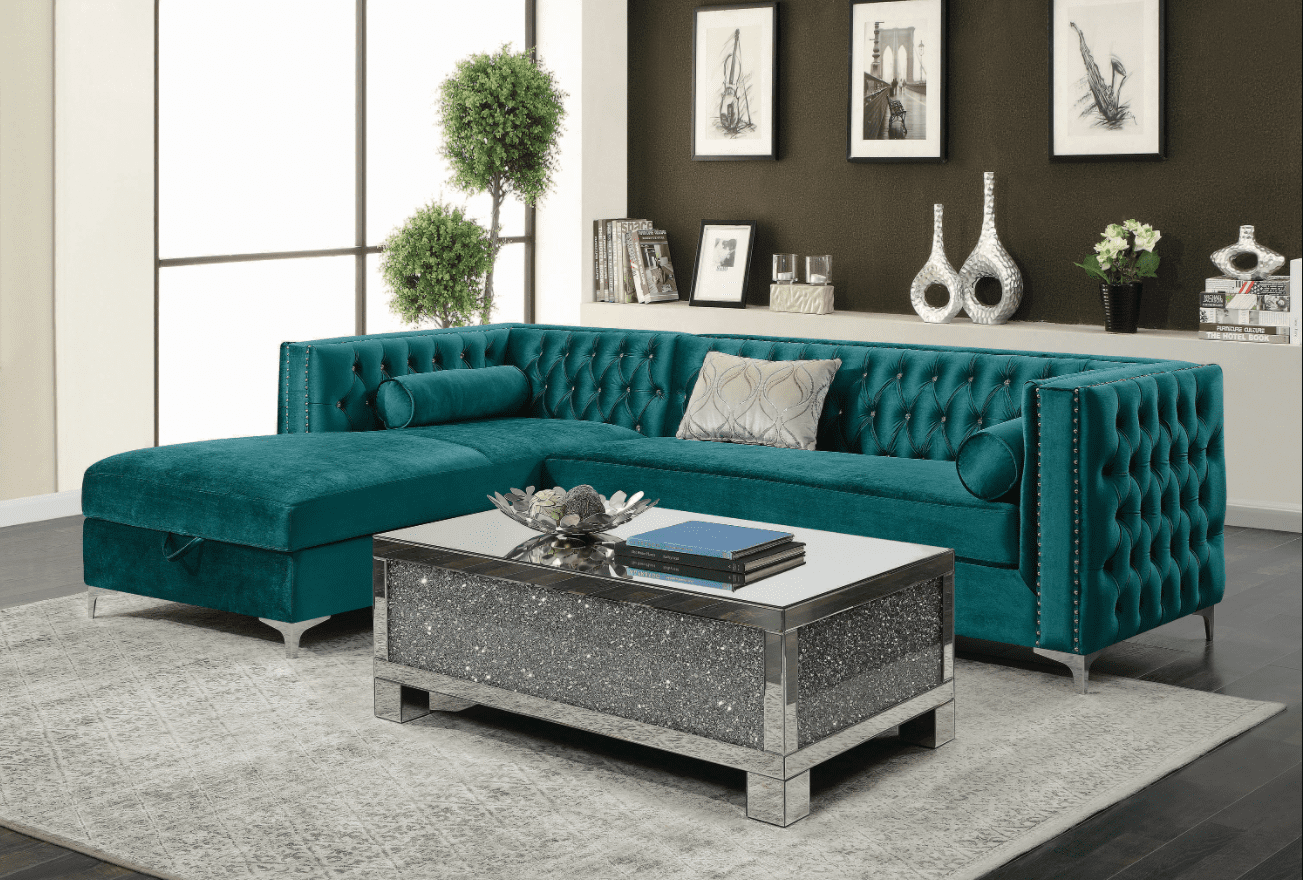 green sofa: Bellaire Button-Tufted Upholstered Sectional Teal