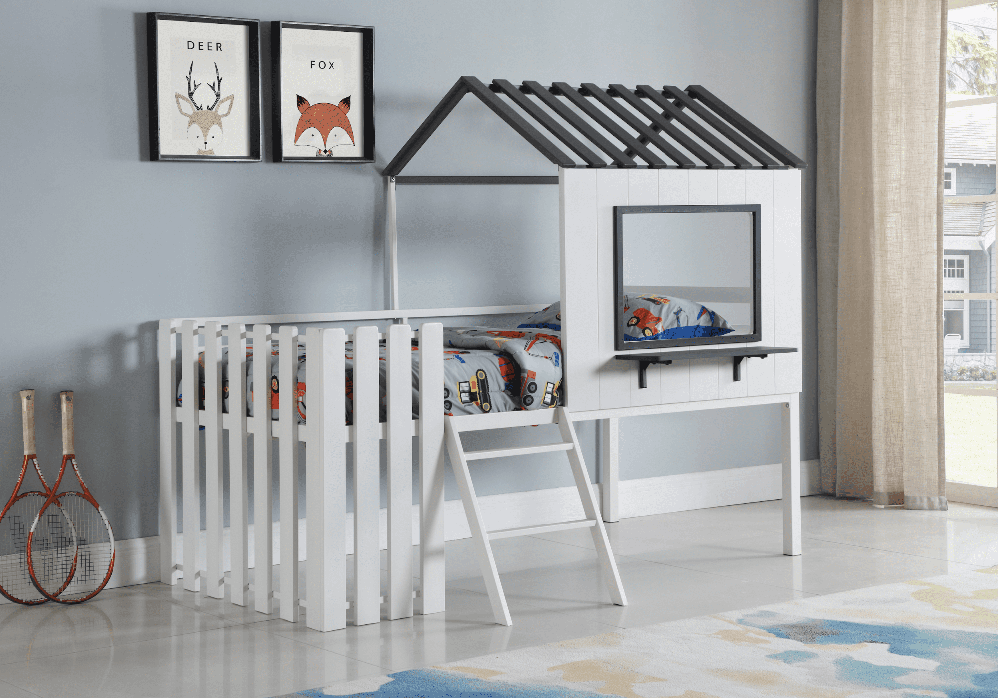 playroom ideas: Timber House-Designed Twin Loft Bed White And Gunmetal