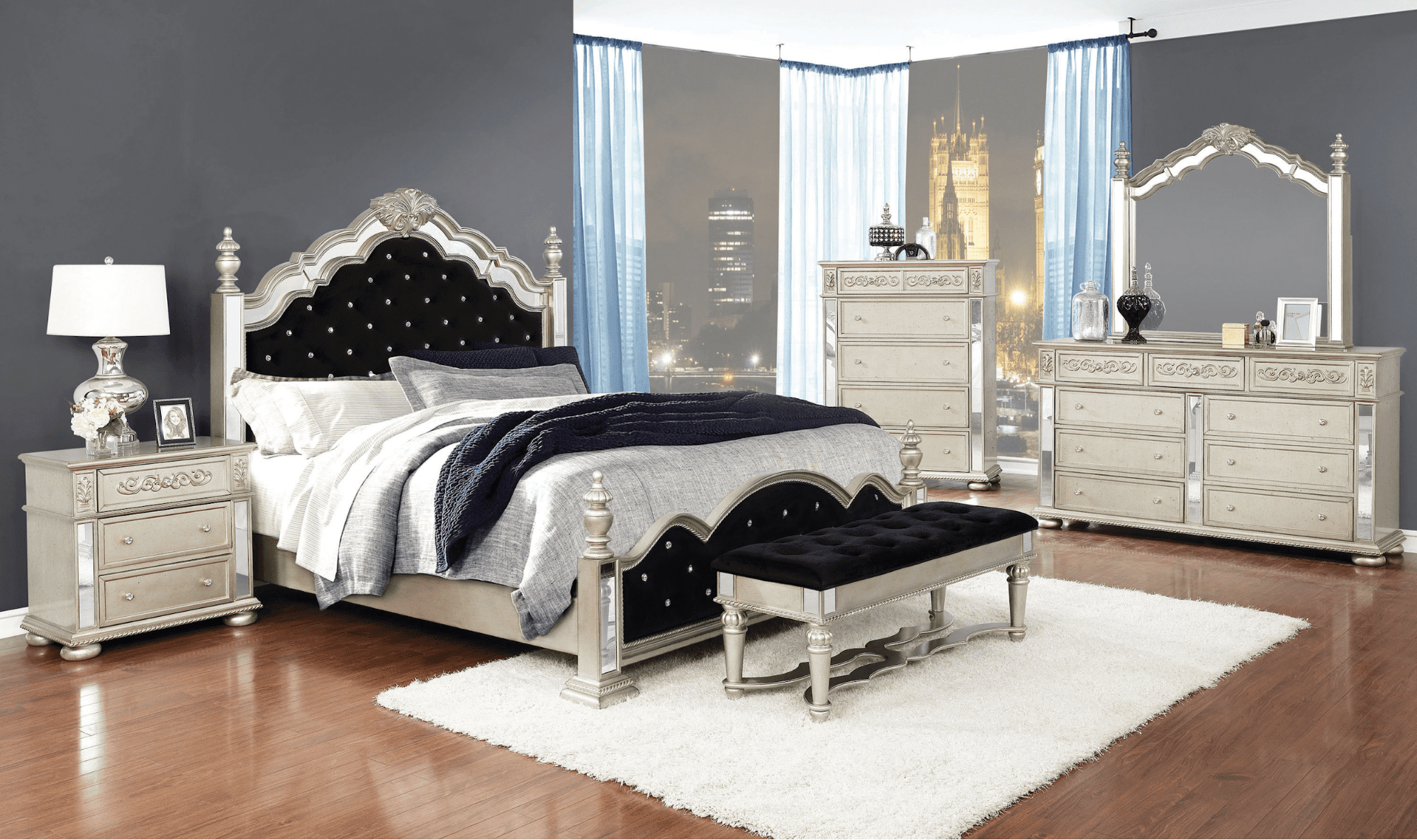 mirrored dresser: Heidi Tufted Upholstered Bedroom Set Metallic Platinum