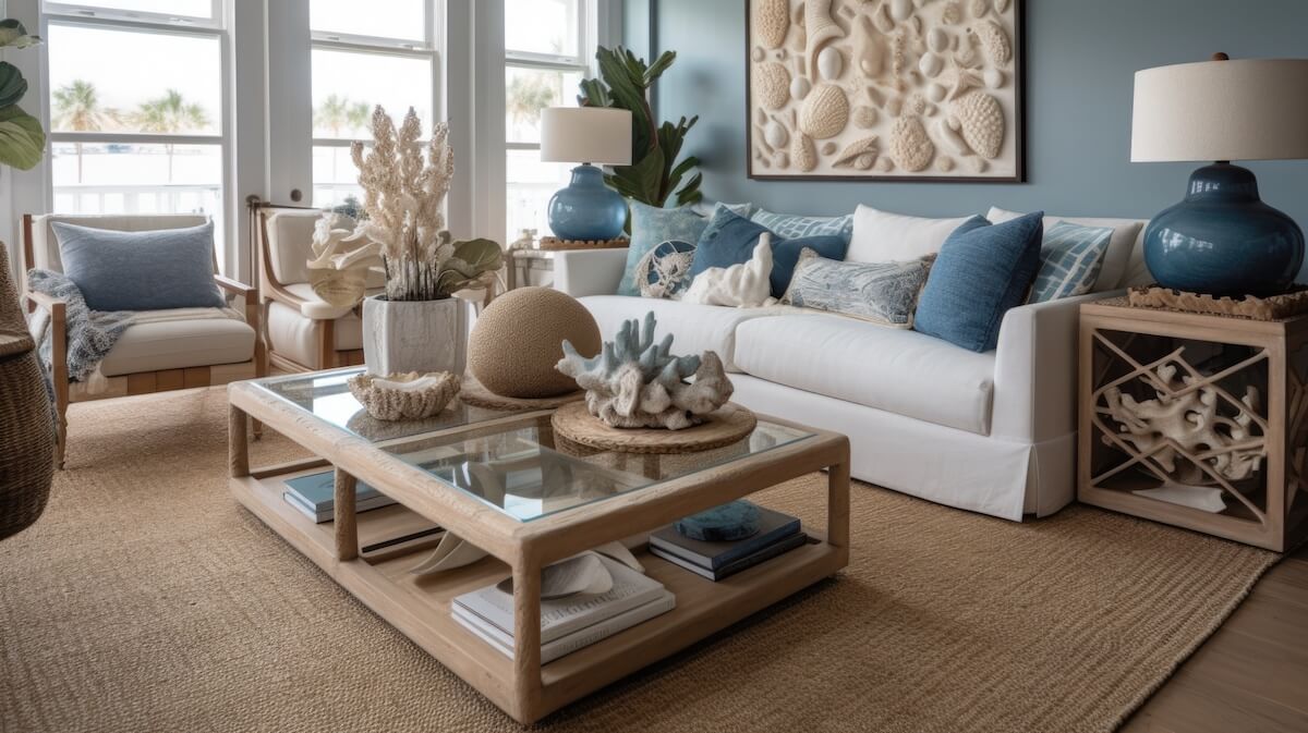 Coastal living room with seashells